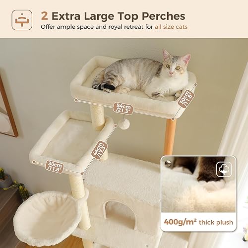Miniatura 5 de PAWZ Road Árbol grande para gatos, torre de madera para gatos de 73 pulgadas de alto con 2 hamacas espaciosas, 2 camas superiores grandes, 8 postes