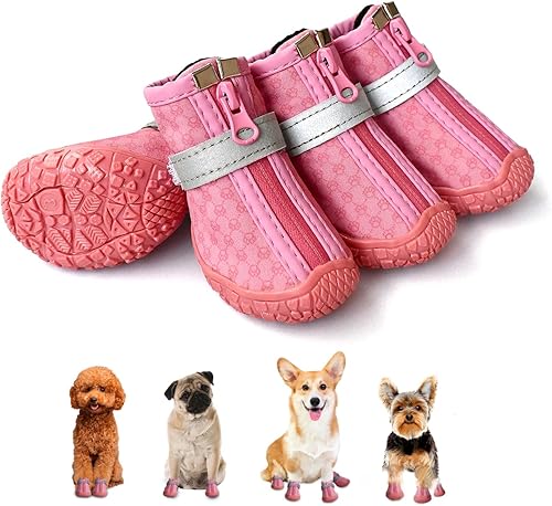 Zapatos rosas para perros pequeños, botas antideslizantes para perros con tiras reflectantes, protectores de patas de cachorro para exteriores,