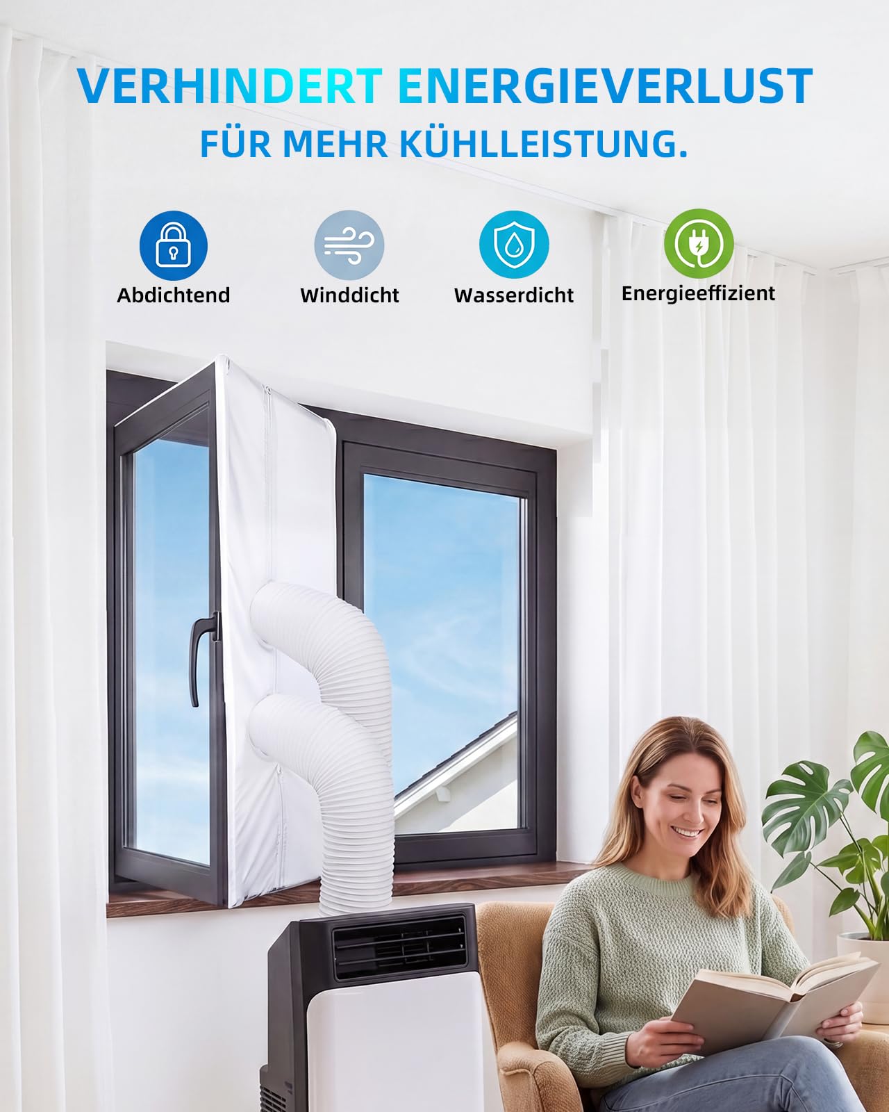 Fensterabdichtung für Mobile Klimageräte, 300CM Klimaanlage Fensterabdichtung Doppel-Reißverschluss für Flügelfenster, Kippfenster, Dachfenster, Kein Bohren, Einfache Montage