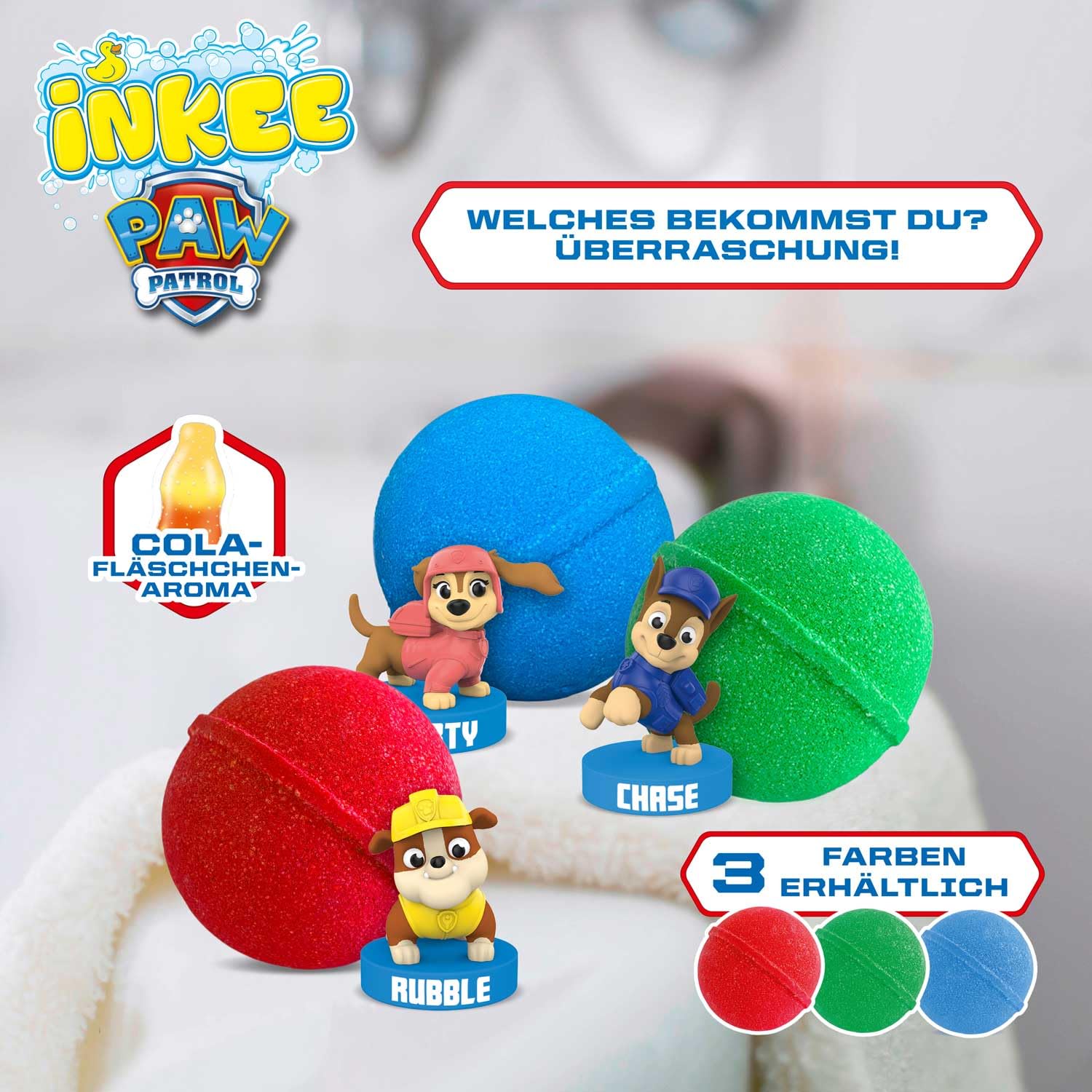 INKEE PAT PATROUILLE - Pack de 3 Bombes de bain enfant, 3x Boules de bain avec jouet Pat patrouille à l'intérieur, arôme Cola, 3x 80g