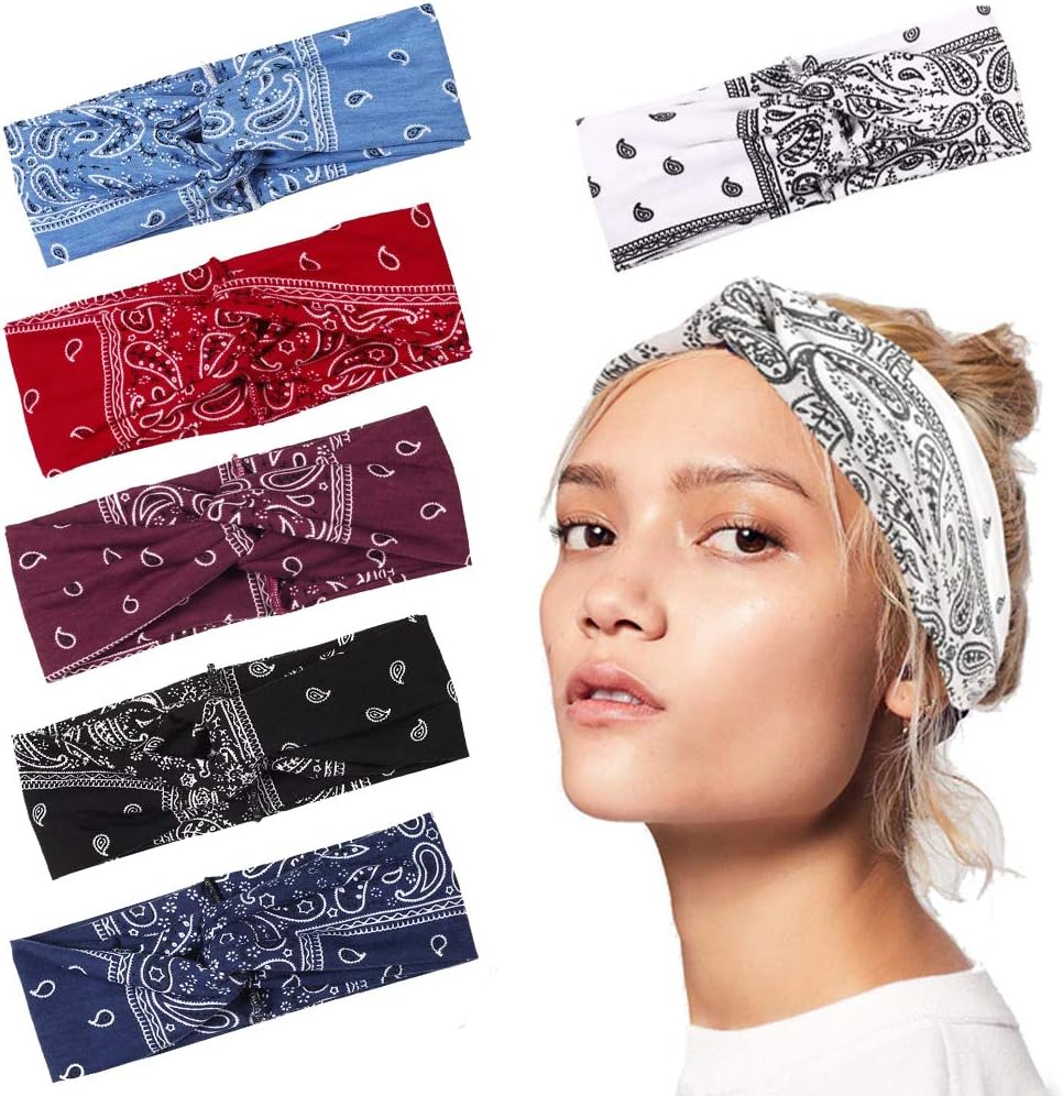 6Pcs Boho Headbands for Women Elastic Floral Print Paisley Bandana Knot Headbands Turban Headwraps Criss Cross Head Wrap Hair Band Yoga Running Sport Twisted Hairband Hair Accessories for Women Girls