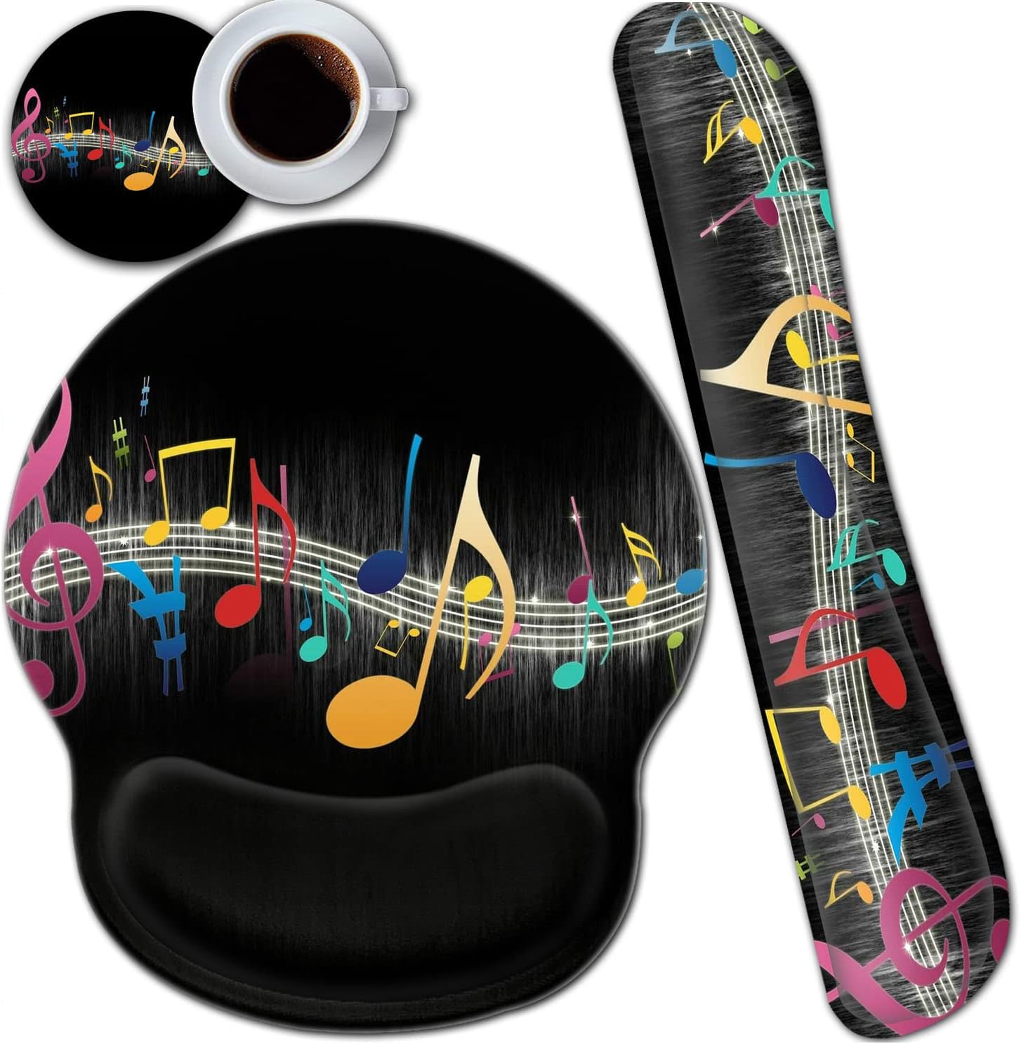 Ergonomic Gel Mouse Pad Wrist Support + Memory Foam Keyboard Wrist Rest for Home Office Gaming Desk Pad, Easy Typing Pain Relief Hand Rest Pad, Cute Round Desk Mat Music Note Pattern Black Mousepads