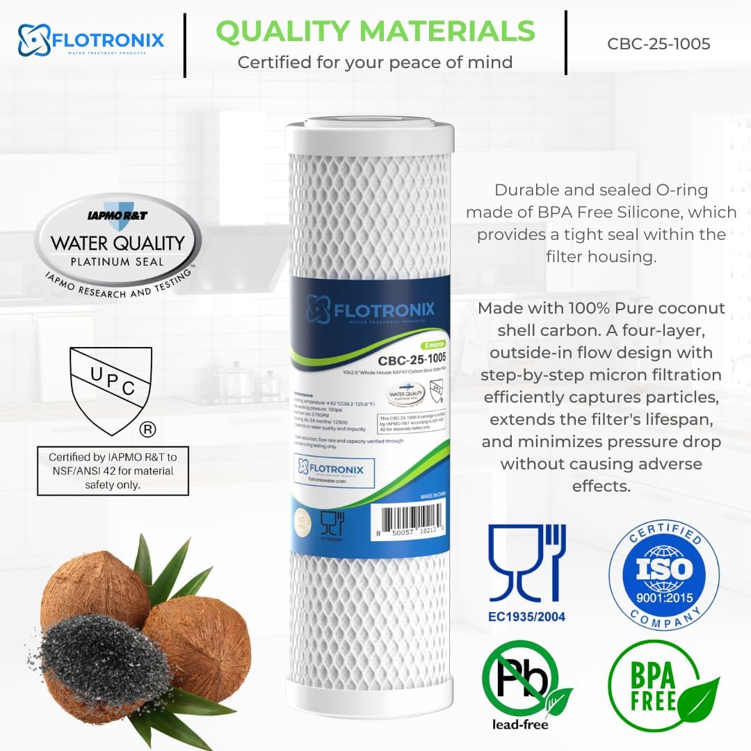 Flotronix 5 Micron 2.5" x 10" Whole House CTO Carbon Sediment Water Filter Cartridge, Compatible with DuPont WFPFC8002, WFPFC9001, SCWH-5, WHCF-WHWC, FXWTC, CBC-10, RO Systems, 4-Pack