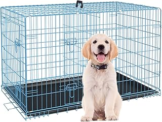 24 Inch Small Dog Crate, Heavy Duty Dog Crates for Small Dogs, Metal Wire Folding Dog Cage with Removable Trays, Locks, Double-Door, Divider Panel, Handle, Puppy Crate Pet Crate (24 in, Blue)