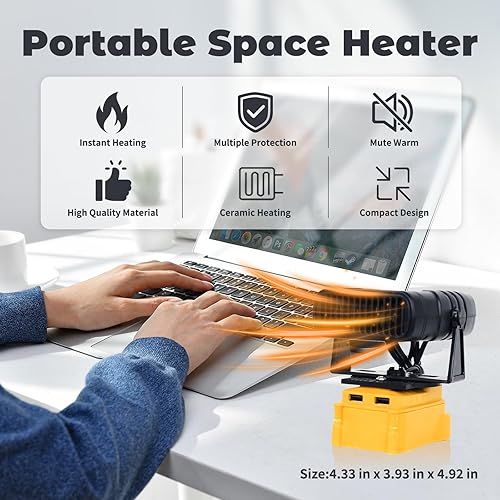 Miniatura 4 de Calentador de espacio pequeño inalámbrico portátil para batería Dewalt de 20 V máximo, calefacción eficiente de 170 W, calentador de espacio de