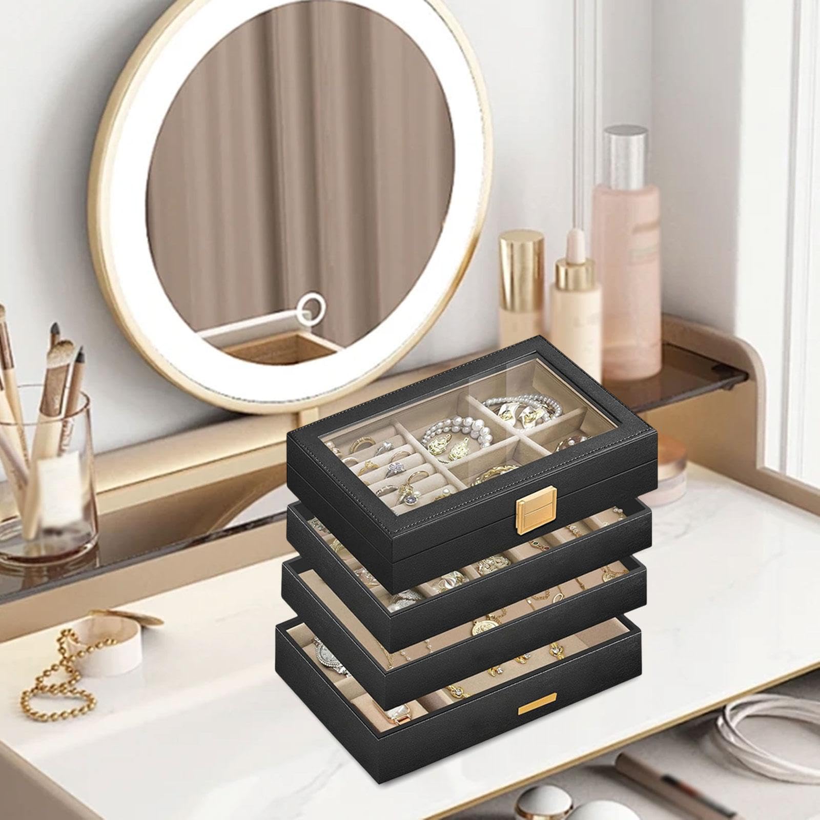 Portaoggetti Gioielli Custodia Gioielli Vassoio Gioielli Box Espositore Multi Scomparti Sovrapponibile Pelle PU Protezione Morbida Adatta per Donne AR, Nero