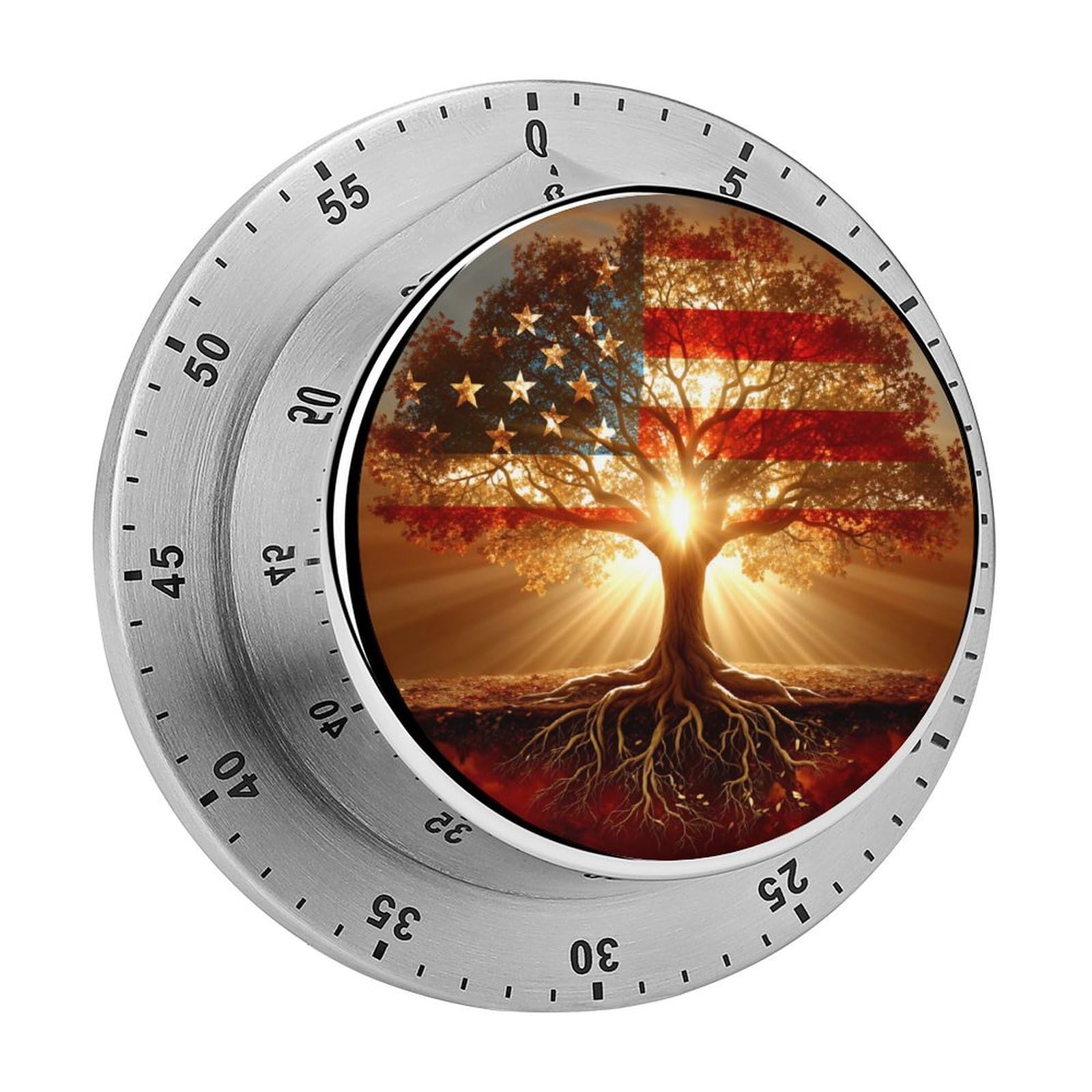 American Flag Tree of Life Patriotic 60 Minute Wind Up Timer,Visual Mechanical Magnetic Timer with Loud Alarm for Kitchen