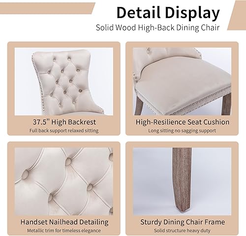 Miniatura 5 de Juego de 4 sillas de comedor modernas, sillas de comedor tapizadas con patas de madera maciza, silla decorativa de terciopelo beige, Sillas de