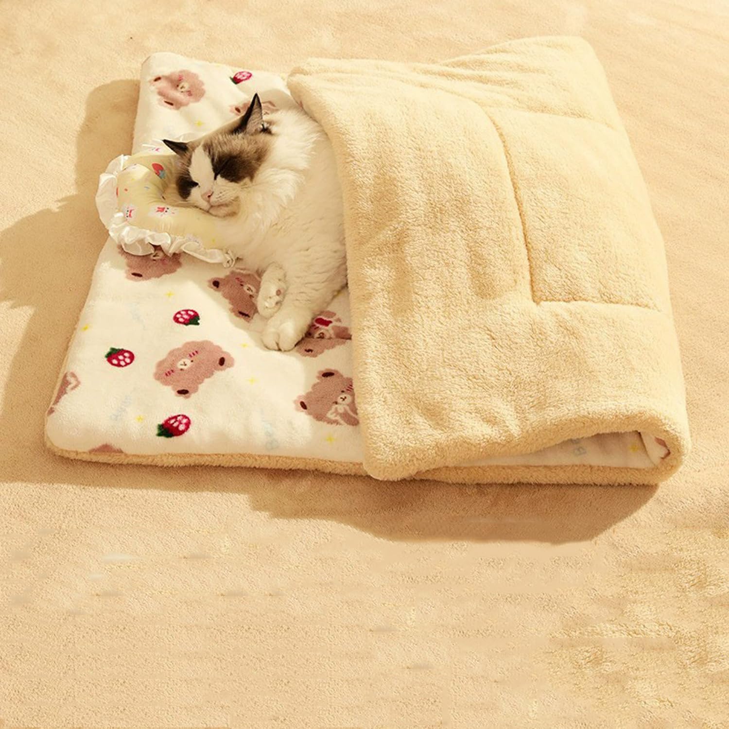 Pongpai Warming Pet Pad Cat Sleeping Blanket, Self-warmin Fluffy Kittens Mat, Puppy Cushion Blanket Fleece Dog Crate Pads for Indoor Outdoor (XL-90x50cm,White-bear)