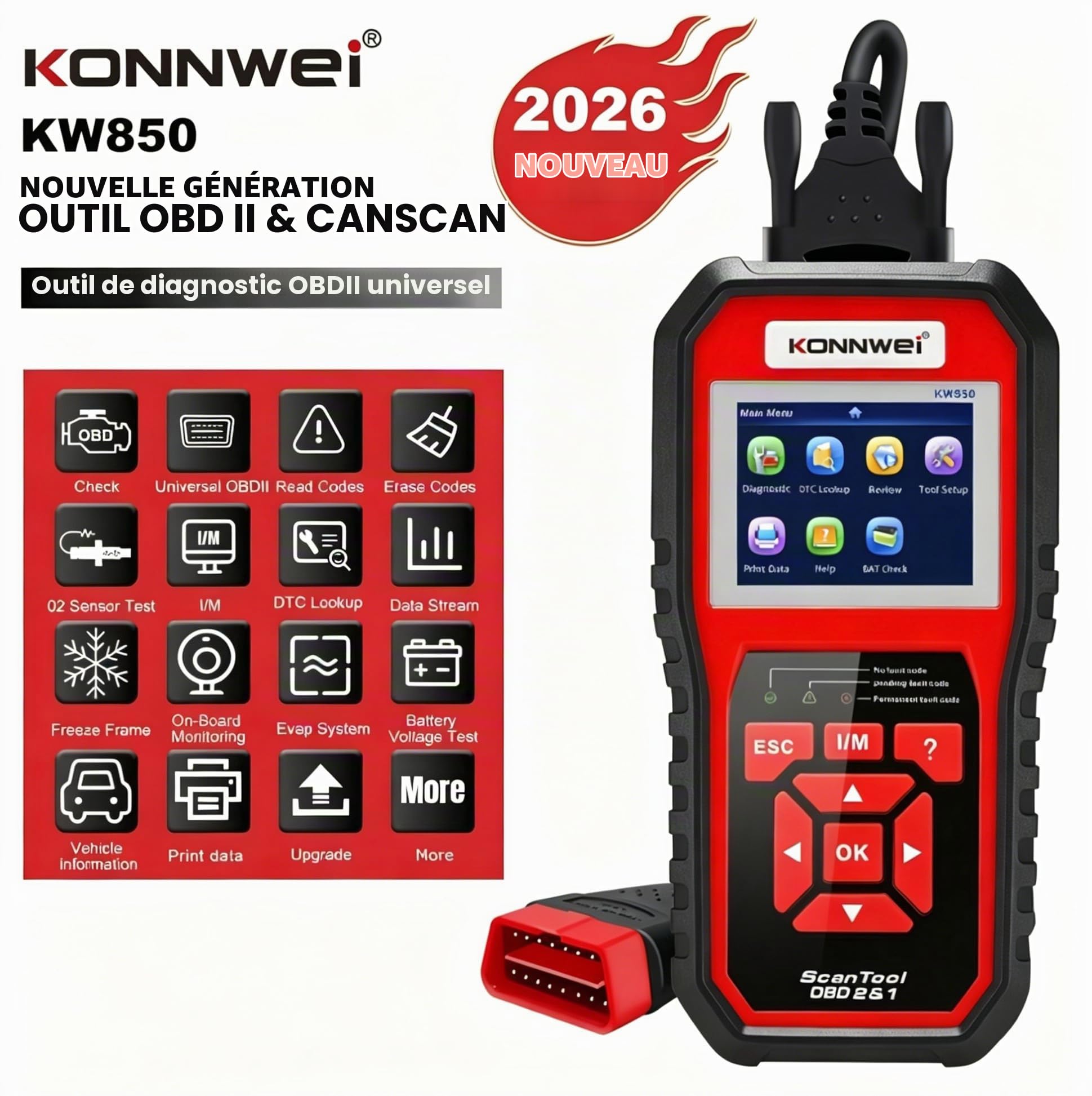 KONNWEI KW850 OBD2 Diagnostic Auto Valise Voiture,OBD Diagnostique Français Auto Multimarque, Lecteur de Code d'erreur de Moteur, Valise Effacer Defaut Voiture pour BMW Peugeot VW Véhicules