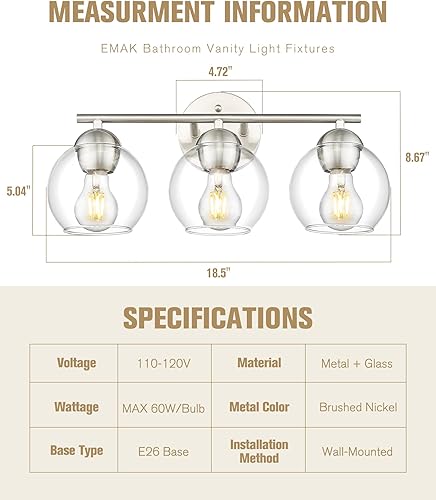 Miniatura 4 de Emak Moderna lámpara de baño de níquel cepillado, luces de tocador de globo de 3 luces con pantalla de vidrio transparente, VL114-BN-3