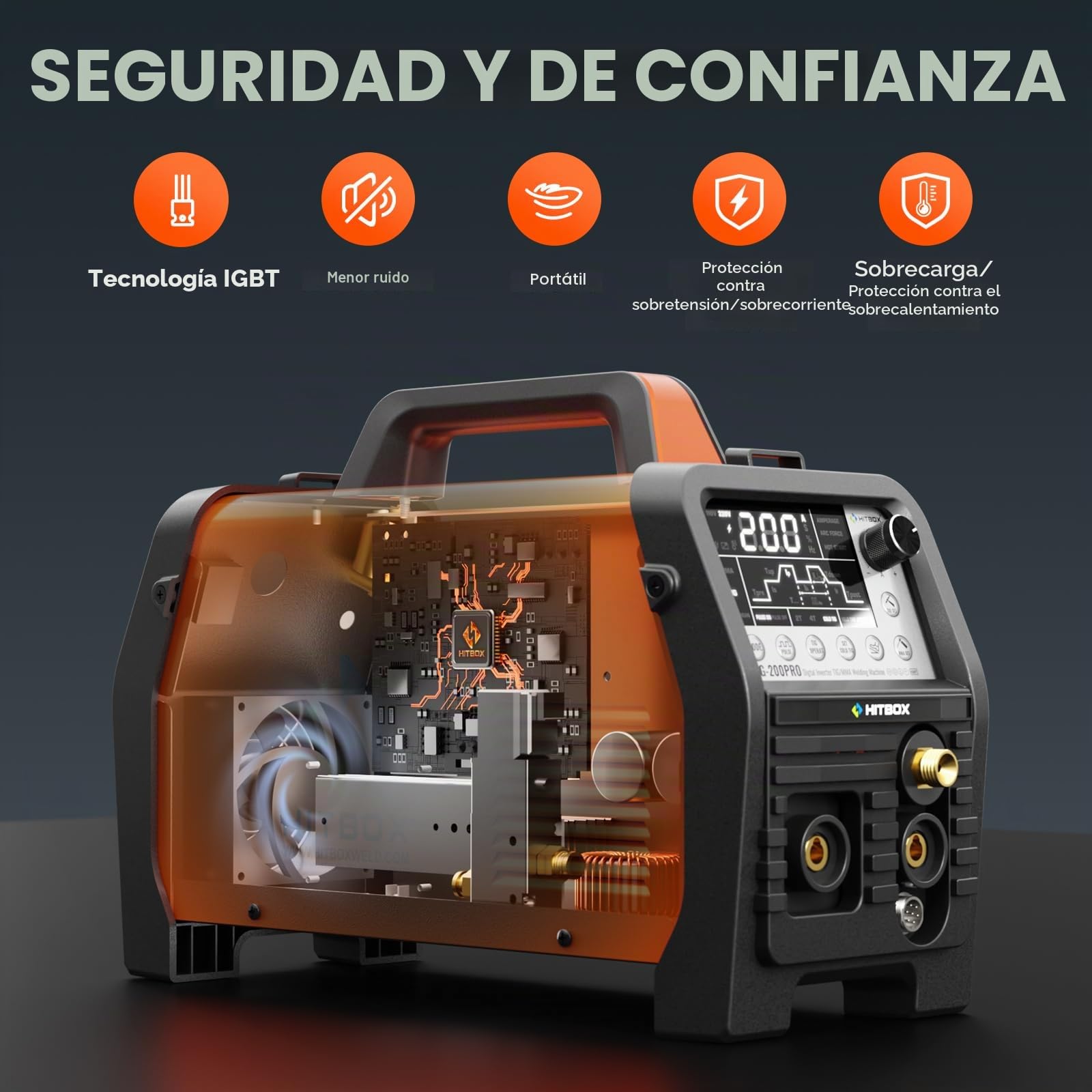 HITBOX Estación de Soldadura TIG 200A 230 V 6 en 1, Arranque HF, MMA/TIG/Pulse/Limpieza TIG/Punto/2T/4T, Con Pedal de Control y Casco de Soldadura (TIG200PRO)