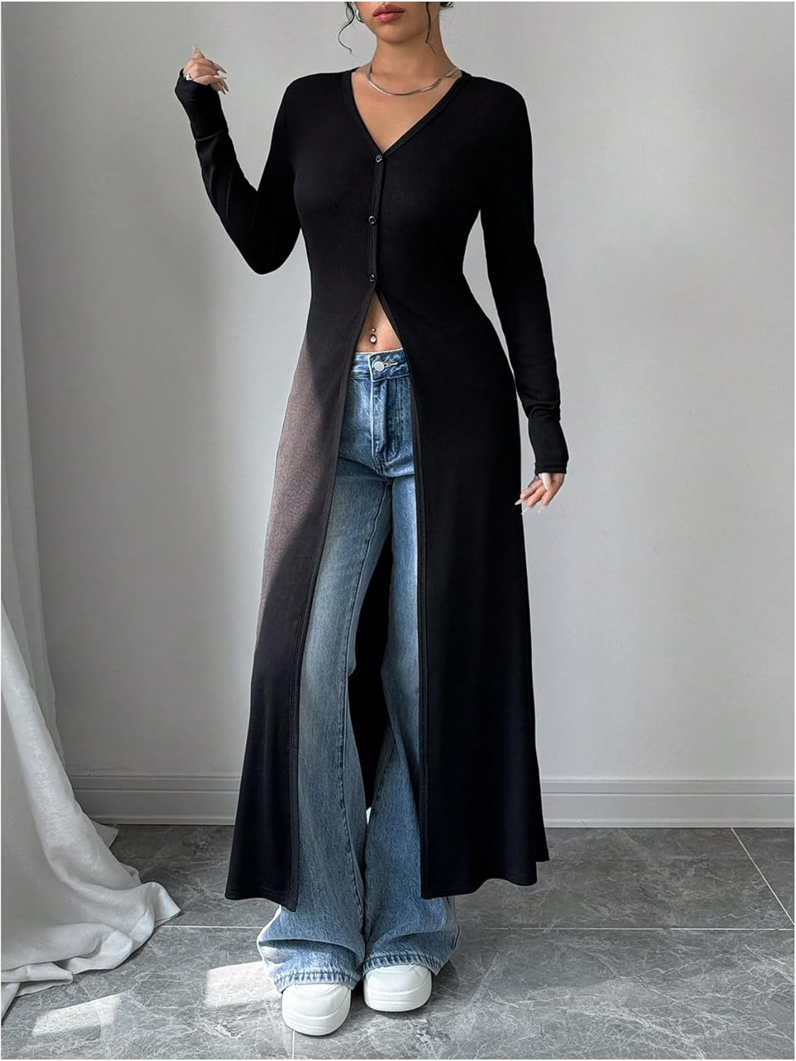 WDIRARA Women's Button Down Long Cardigan V Neck Slit Ribbed Knit Sweater Casual Going Out Tops - Image 3