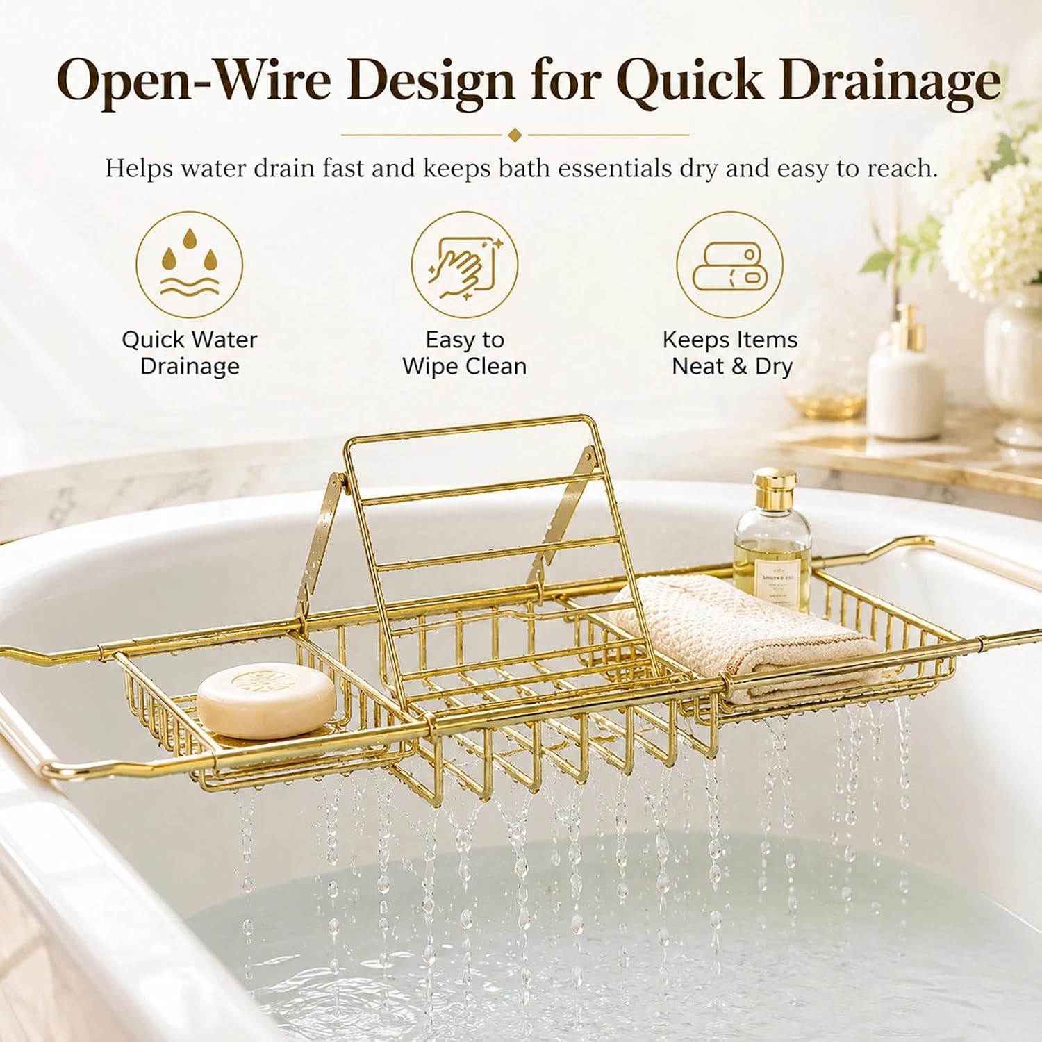 Bathtub Caddy Tray for Tub, Expandable Stainless Steel Bath Tray with Book Holder, Over Tub Organizer Rack for Tablet, Soap, Towel, Spa Bath Accessories(Rose Gold)