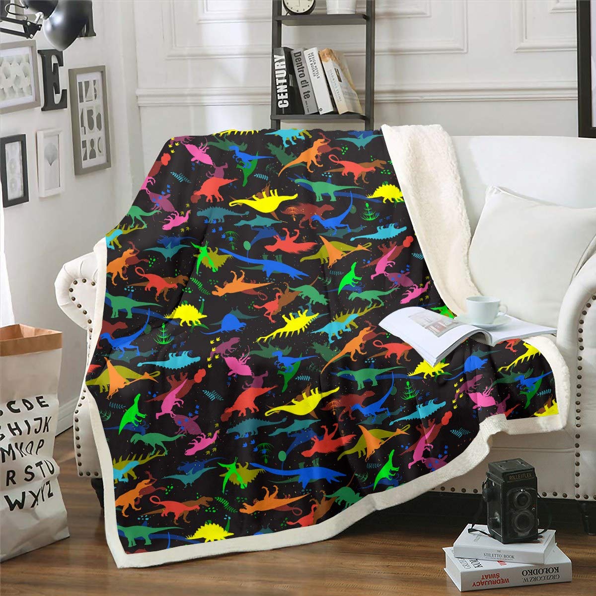 Loussiesd Kids Dinosaur Plush Colorful Cartoon Dino Fleece Blanket for Couch Sofa Son Jungle Animals Pattern Decor Sherpa Blanket Cute Wildlife Style King 87"*94" — image 1