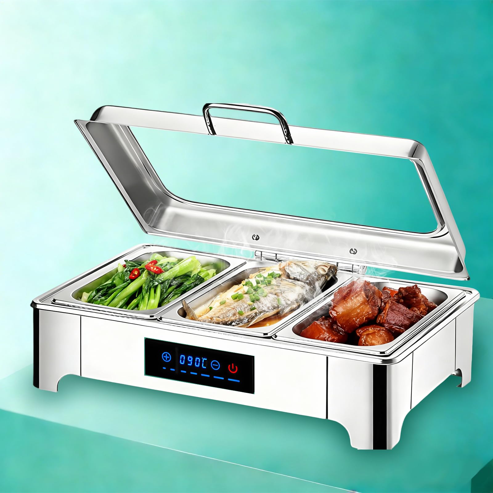 Chafing Dish Elettrico 9L, Professionale Scaldavivande Elettrico per Buffet Acciaio Inox, Contenitore Scalda Cibo Temperatura Regolabile con Coperchio in Vetro per Catering, Hotel(1/3 Pan)