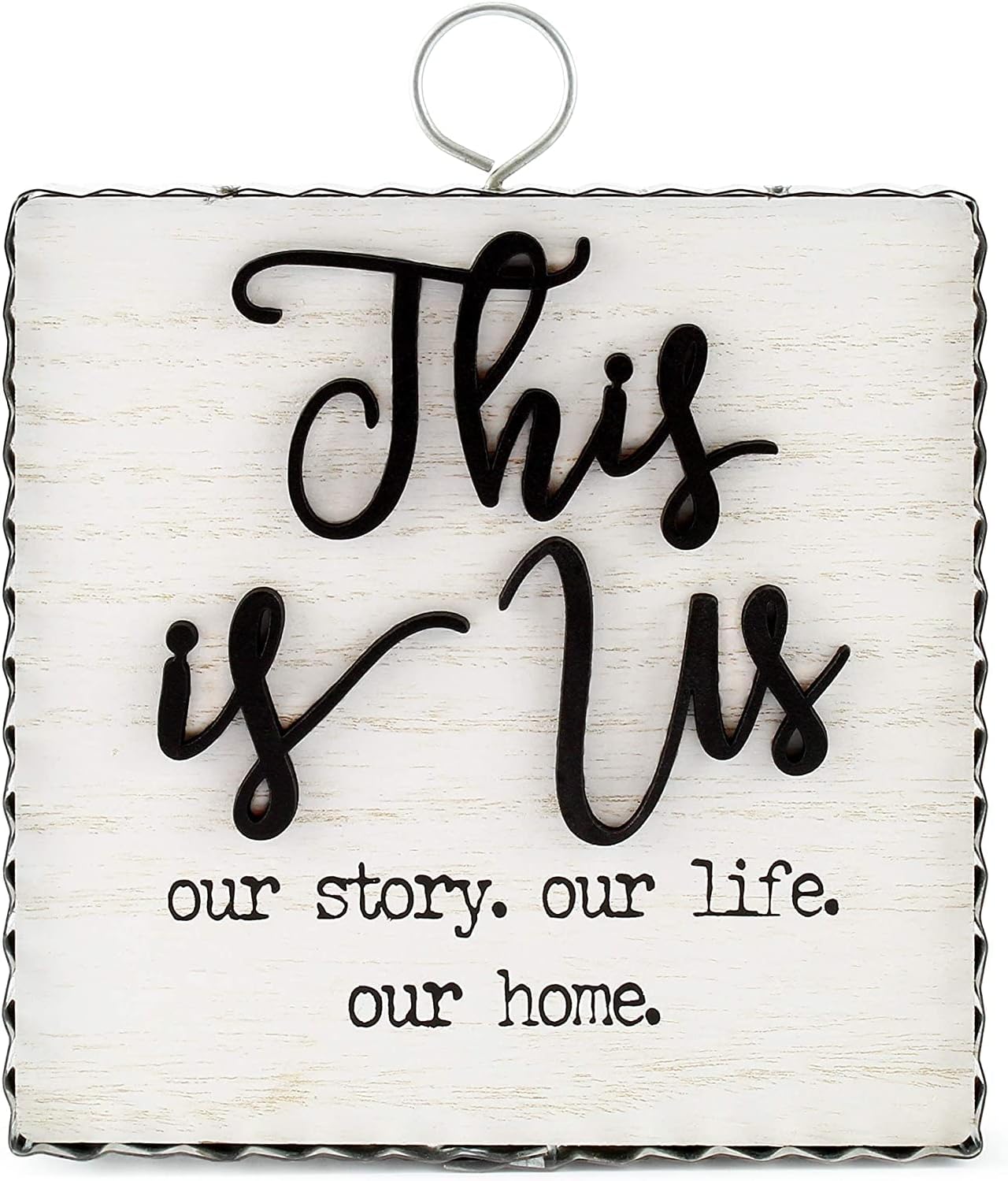 AuldHome Rustic This is Us Sign, Wall or Freestanding Farmhouse Sign, Distressed Whitewashed Style with Galvanized Metal Frame, 7.5 x 6 Inches