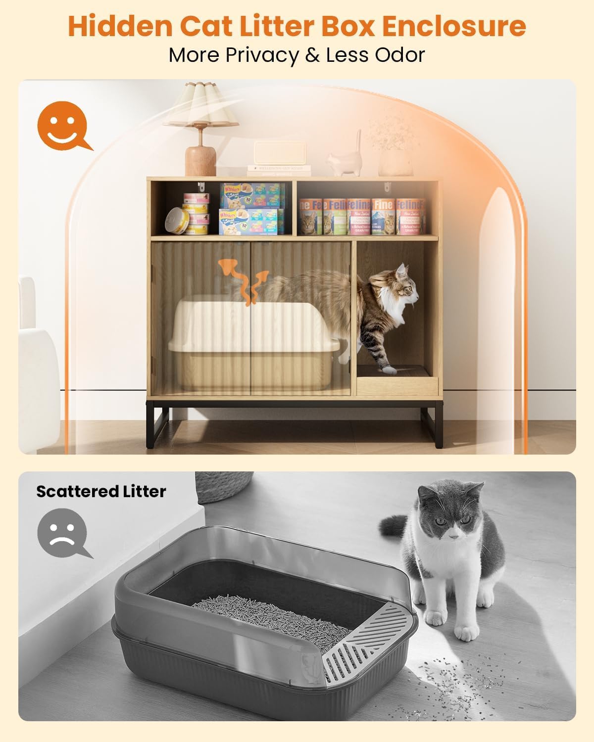 Cat Litter Box Enclosure, Large Hidden Pet Storage Cabinet Furniture with Waveform Fluted Doors & Scratching Pad, Modern Wooden Cat House Indoor for Washroom, Living Room, Bedroom, Natural