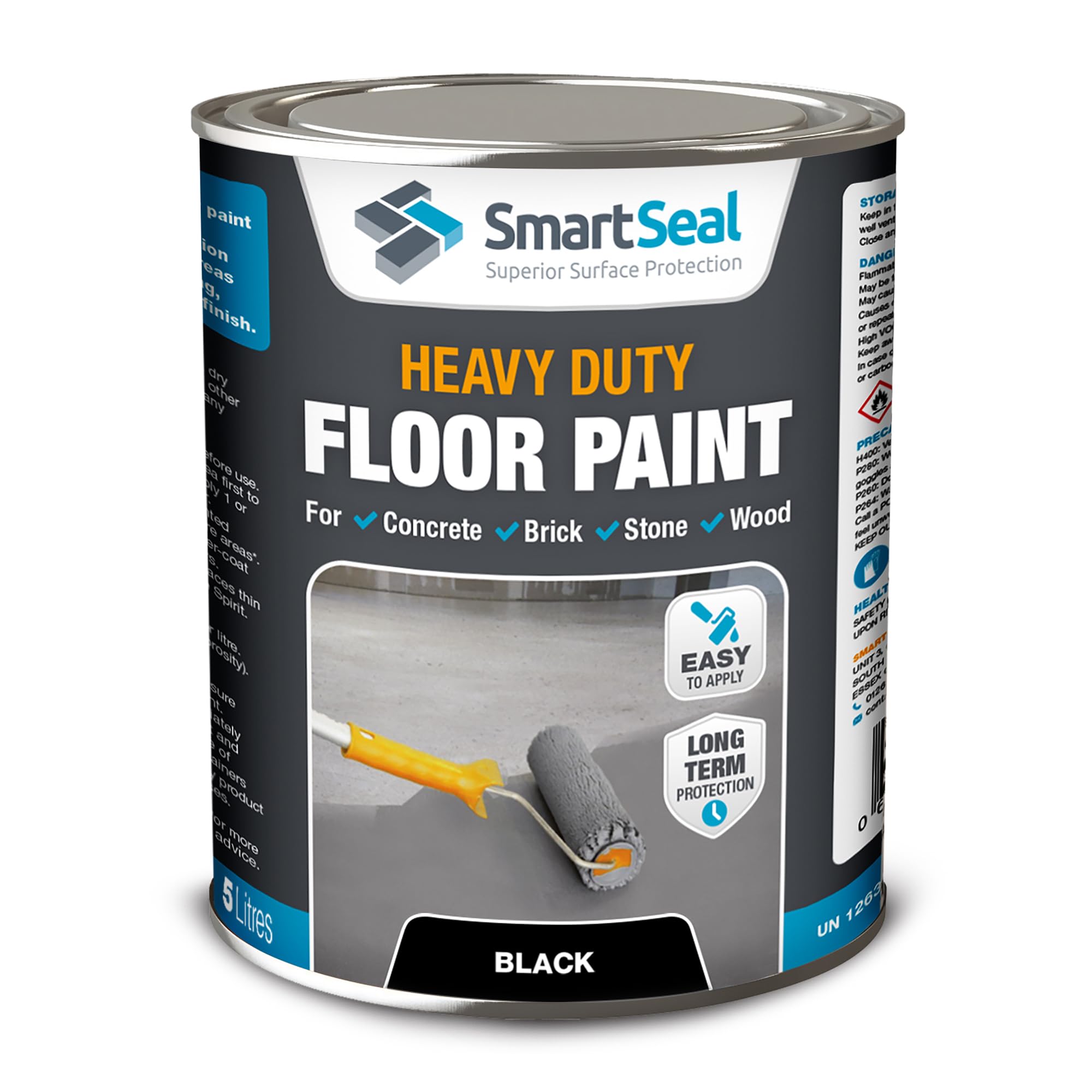 SmartSeal Heavy Duty Floor Paint - Black, 5L - Hard-Wearing Garage Floor Paint with Anti-Slip Mid-Sheen Finish – also Ideal for Decking, Warehouse flooring, Brick, Concrete, Stone & Wood