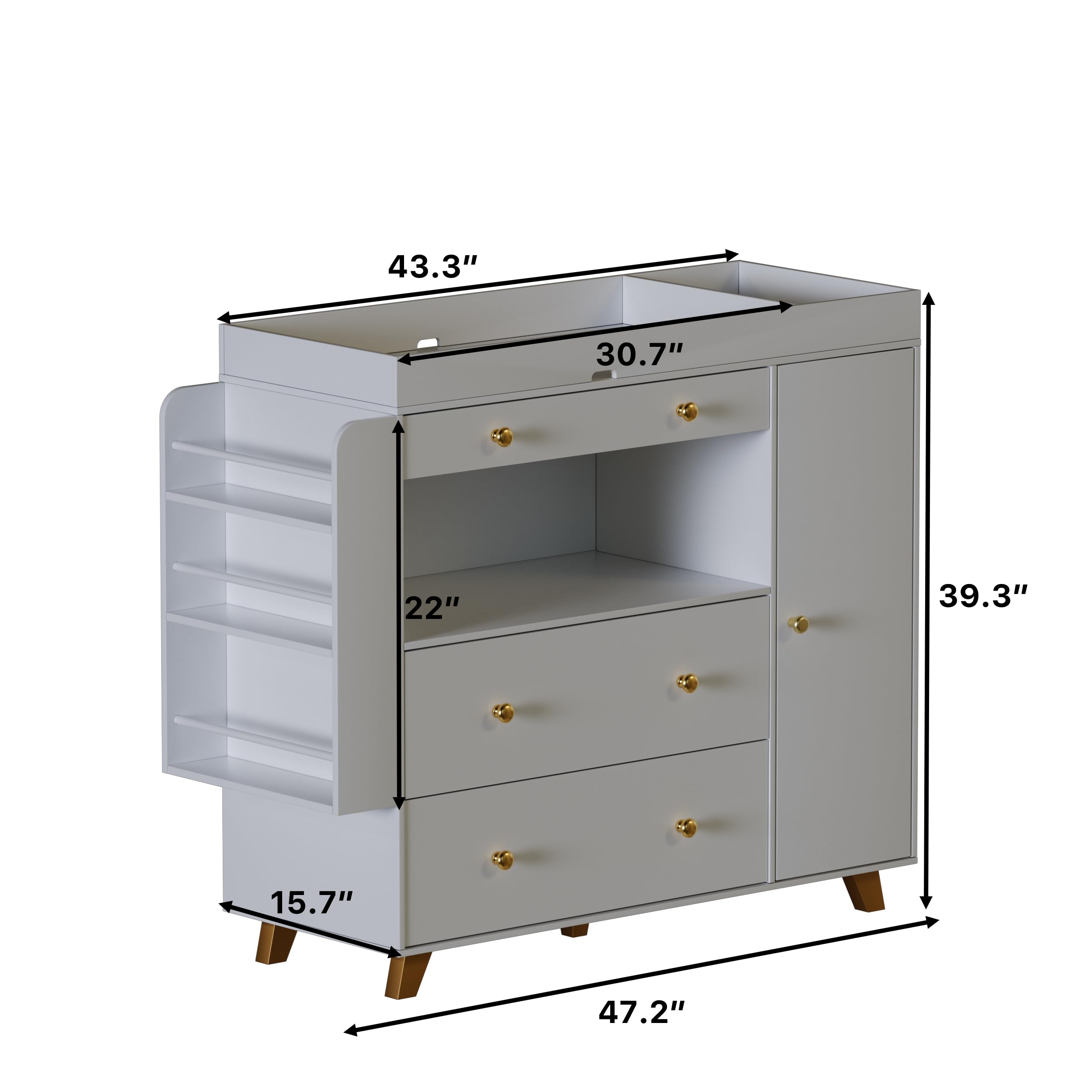 FURNJOYLIFE Nursery Dresser with Baby Changing Table, Modern Diaper Changing Station,Dresser for Nursery with 3 Drawers & Shelves, Storage Crib with Changing Table, White
