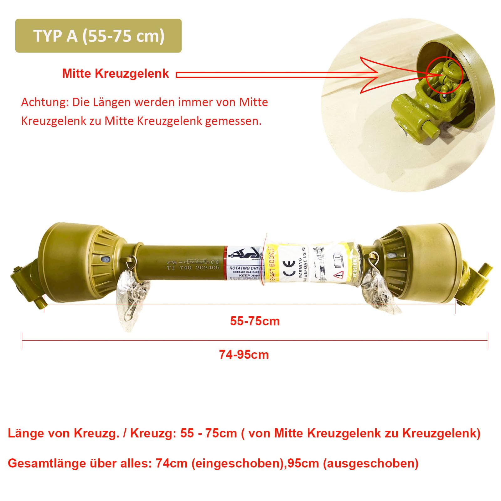 Zapfwelle Gelenkwelle, 740-950mm 210 Nm Kardanwelle Gelenkwelle mit Schutz PTO-Shaft Antriebswelle,1 3/8" - 6 Zähne,TYP A (55-75 cm)