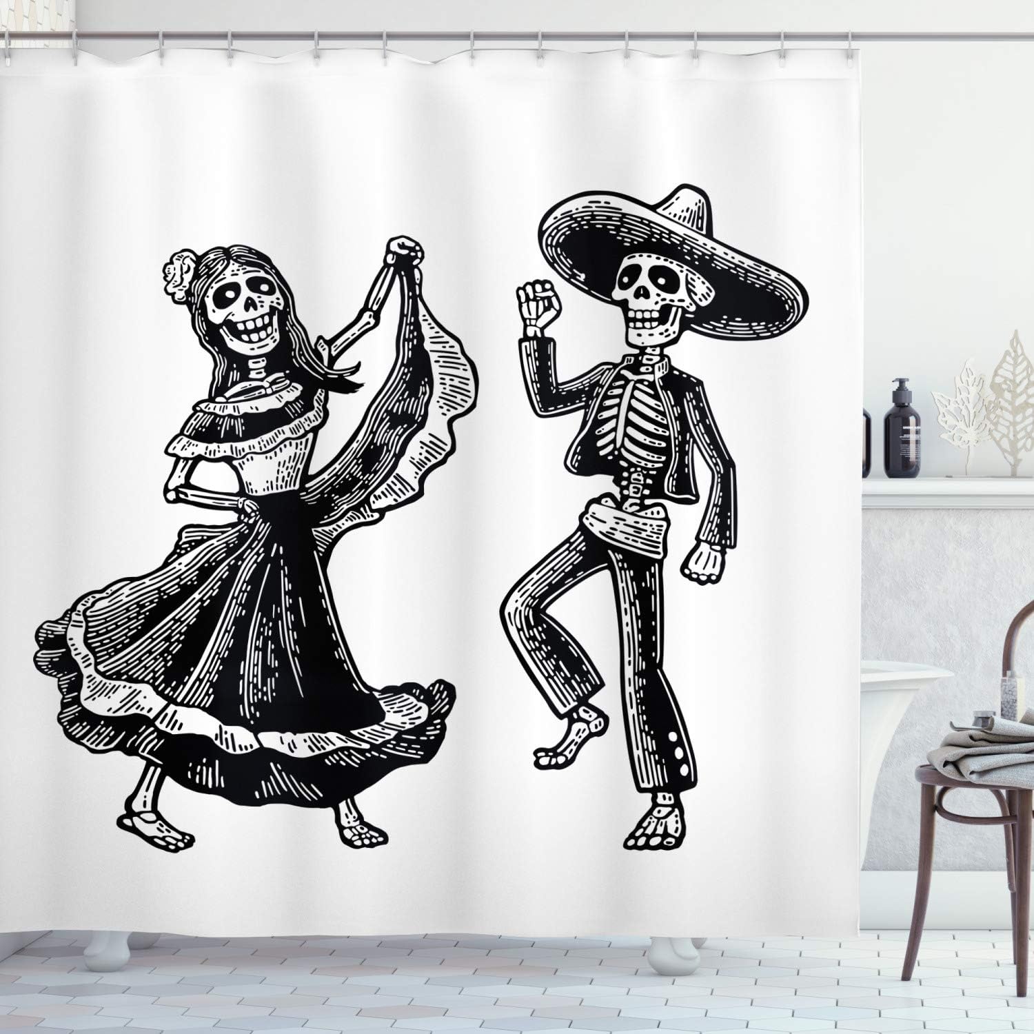 Ambesonne Skeleton Shower Curtain, Day of The Dead Dancing Male Female Sugar Skulls in Traditional Clothes, Cloth Fabric Bathroom Decor Set with Hooks, 69" W x 75" L, Charcoal Grey White