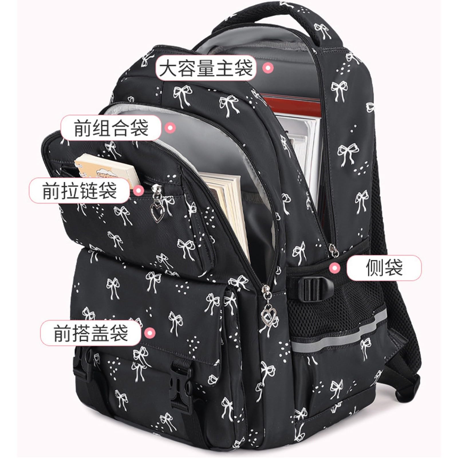 Schulrucksack Mädchen Schleifen Design Set 3 Teilig Groß | Trendiger Kinderrucksack mit Federmäppchen, geräumiger Backpack für Schule und Reisen