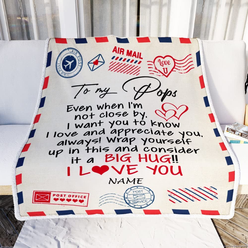 CenturyTee Personalized to My Pops Blanket from Grandkids I Love You Hugs Air Mail Letter Pops Birthday Fathers Day Christmas Customized Fleece Blanket (50 x 60 in Youth Size)