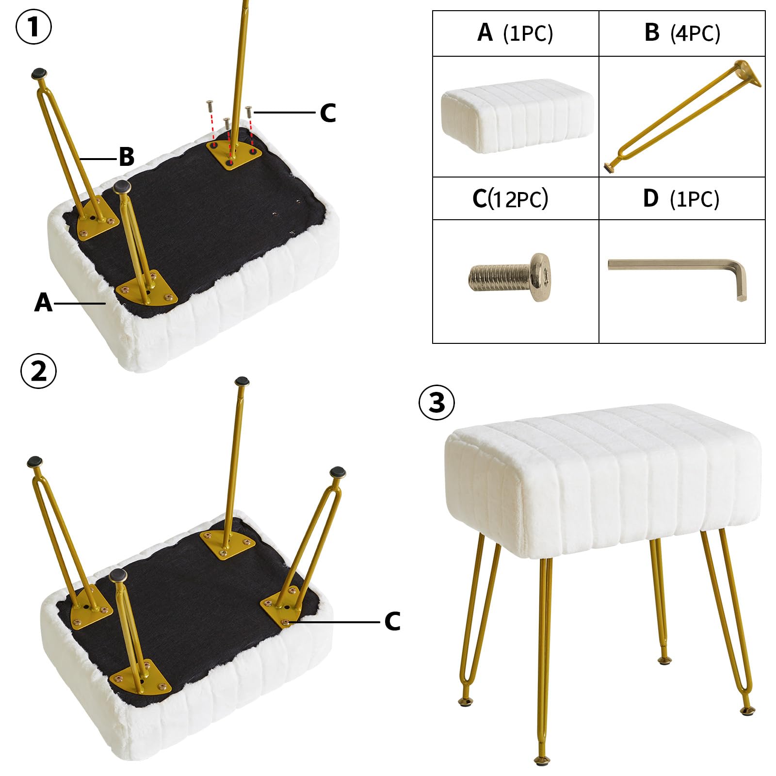 IBUYKE Velvet Rechteckiger Fußstützenstuhl Ottoman, Make-up Eitelkeits Hocker Beistelltisch, Samt Schminktisch Sitz, Pouf Couch Hocker, Goldene Stahlbeine, weiß L/G-51W