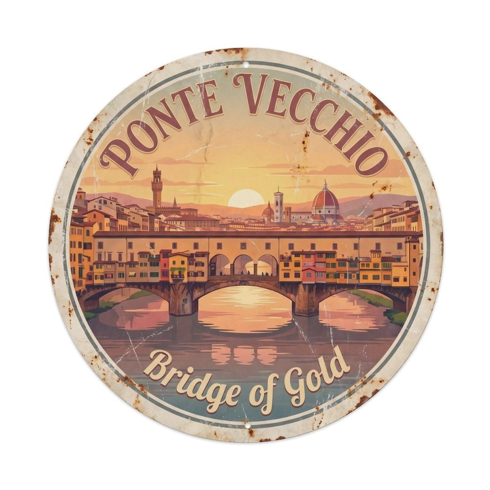 Vintage Travel Ponte Vecchio Florence 1 Metal Tin Sign Plaque Wall Decor for Cafe, Club, Garden Round Metal Poster 8x8Inch