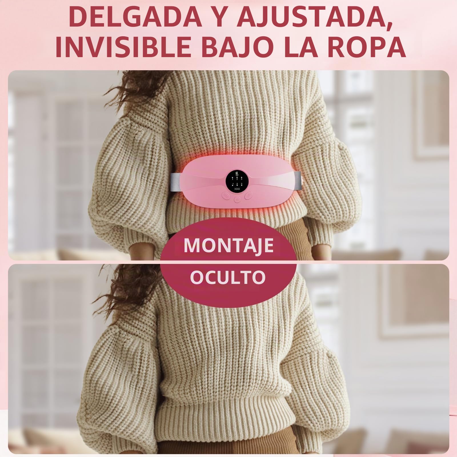 Almohadilla Térmica Menstrual, KBCASE Portátil Cinturón de Calentamiento Eléctrico Inalámbrico Almohadilla de Calefacción 3 Modos de Masaje para Período Menstrual Alivio del Dolor de Espalda (Rosa)