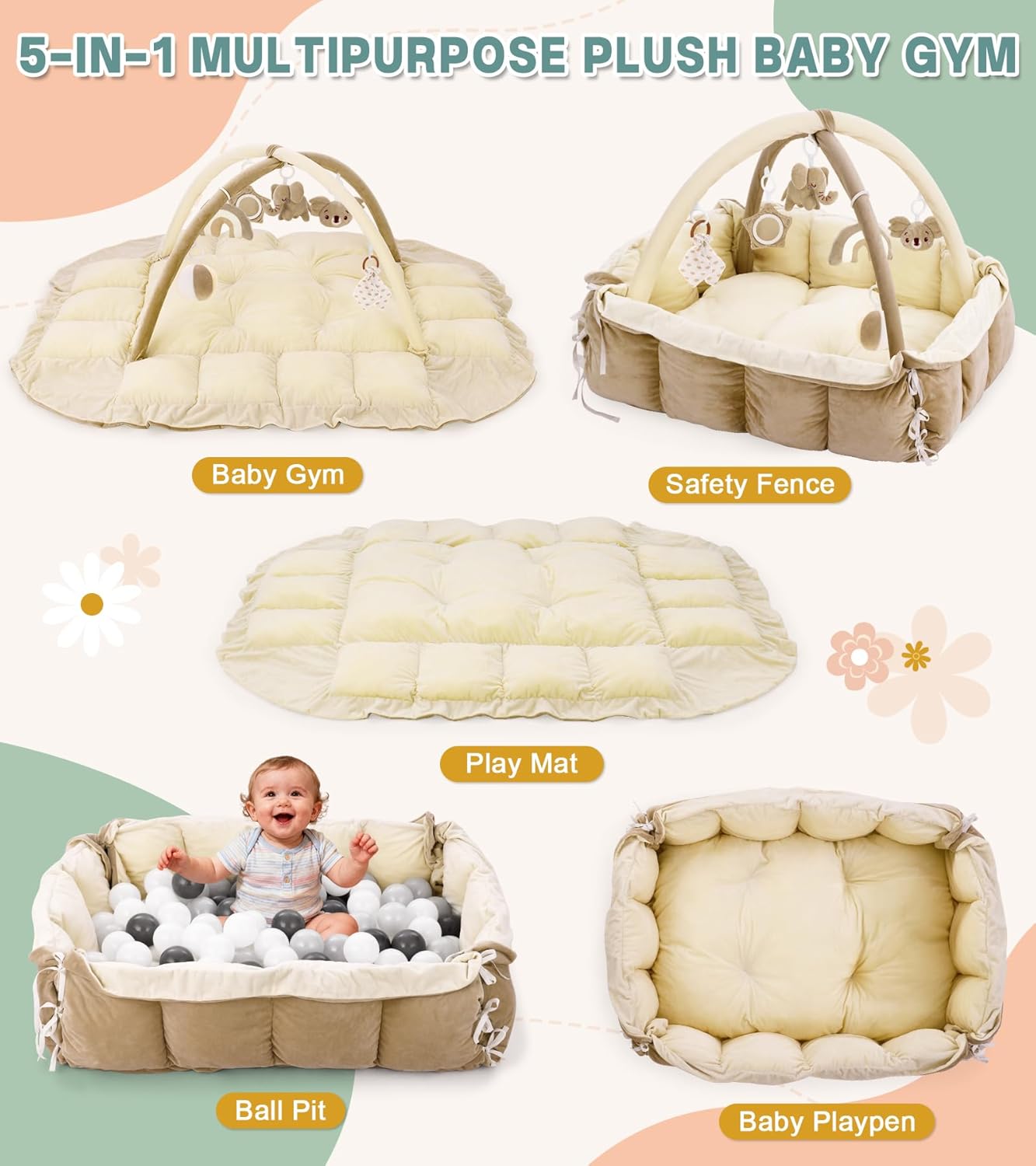 5-in-1 Baby Play Gym and Tummy Time Mat, 12 Learning Cards, Plush Activity Mat with 6 Toys, Baby Gym, Convertible to Ball Pit, Baby Gift, Cream
