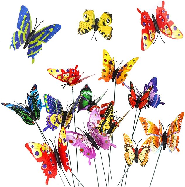 VEYLIN 50 Pieces Colorful Garden Butterflies Ornaments on Sticks for Plant Decoration, Outdoor Yard, Garden Decor