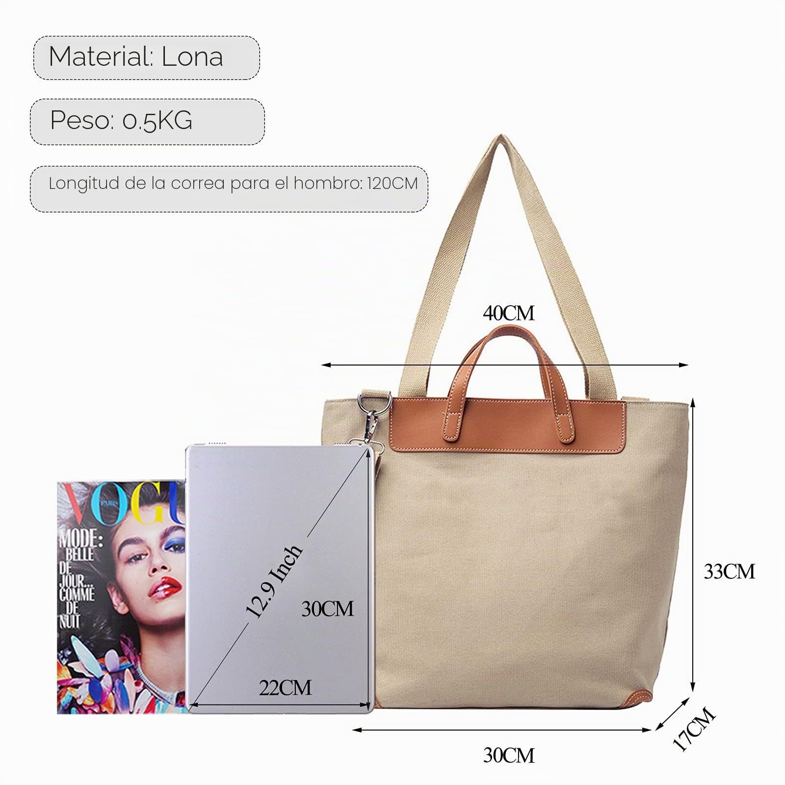 FANDARE Lona Bolsos de Mujer Mano Bandolera Mensajero Gran Bolso Hombro Cruzado para 12.9 Pulgadas Laptop Viaje Conmutar Trabajo Escuela Compras Crossbody Bag