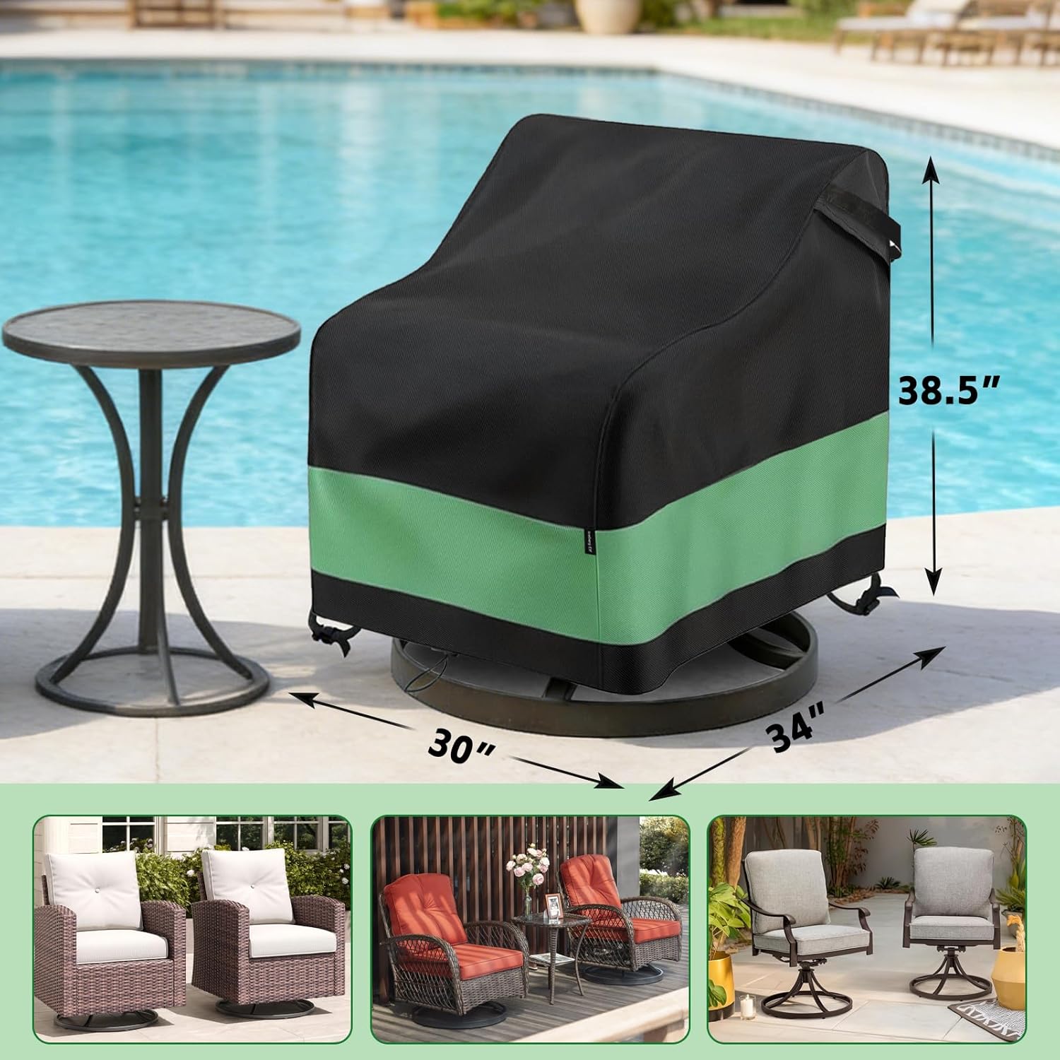 Swivel Patio Chair Cover 2 Pack Waterproof Heavy Duty Outdoor Chair Covers (30 W x 34 D x 38.5 H inch) Outdoor Swivel Lounge Chair Cover Black&Green