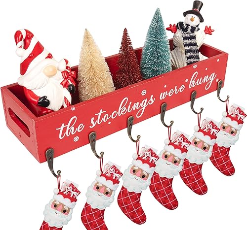 Soporte para calcetines de Navidad de 15.7 pulgadas, caja de almacenamiento de madera con 6 ganchos para colgar, letrero de The Stockings were Hung,
