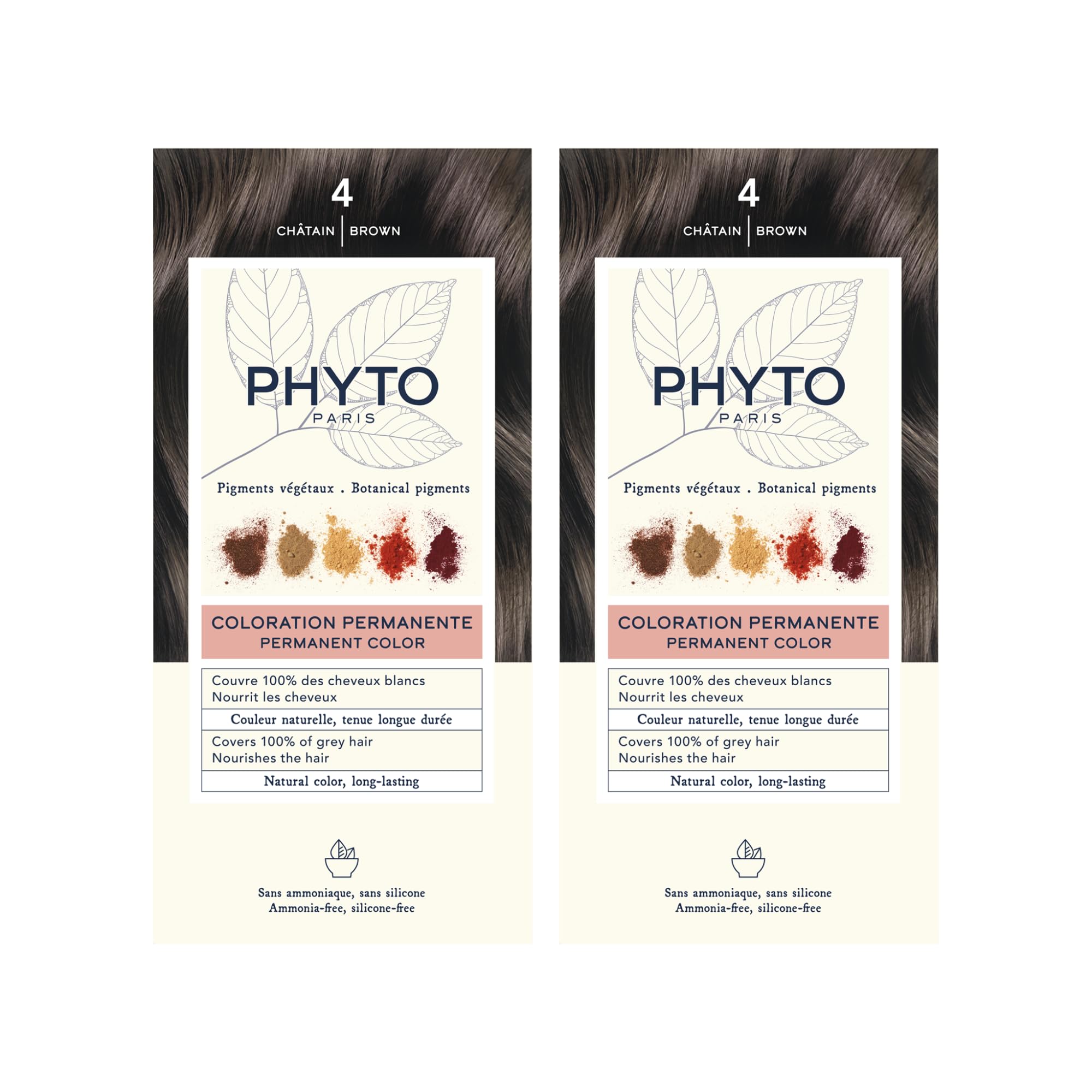 Phytocolor Permanent Natural Hair Color 4 Brown with Botanical Pigments, 100% Grey Hair Coverage, Ammonia-free, PPD-free, Silicone-free (Pack of 2)