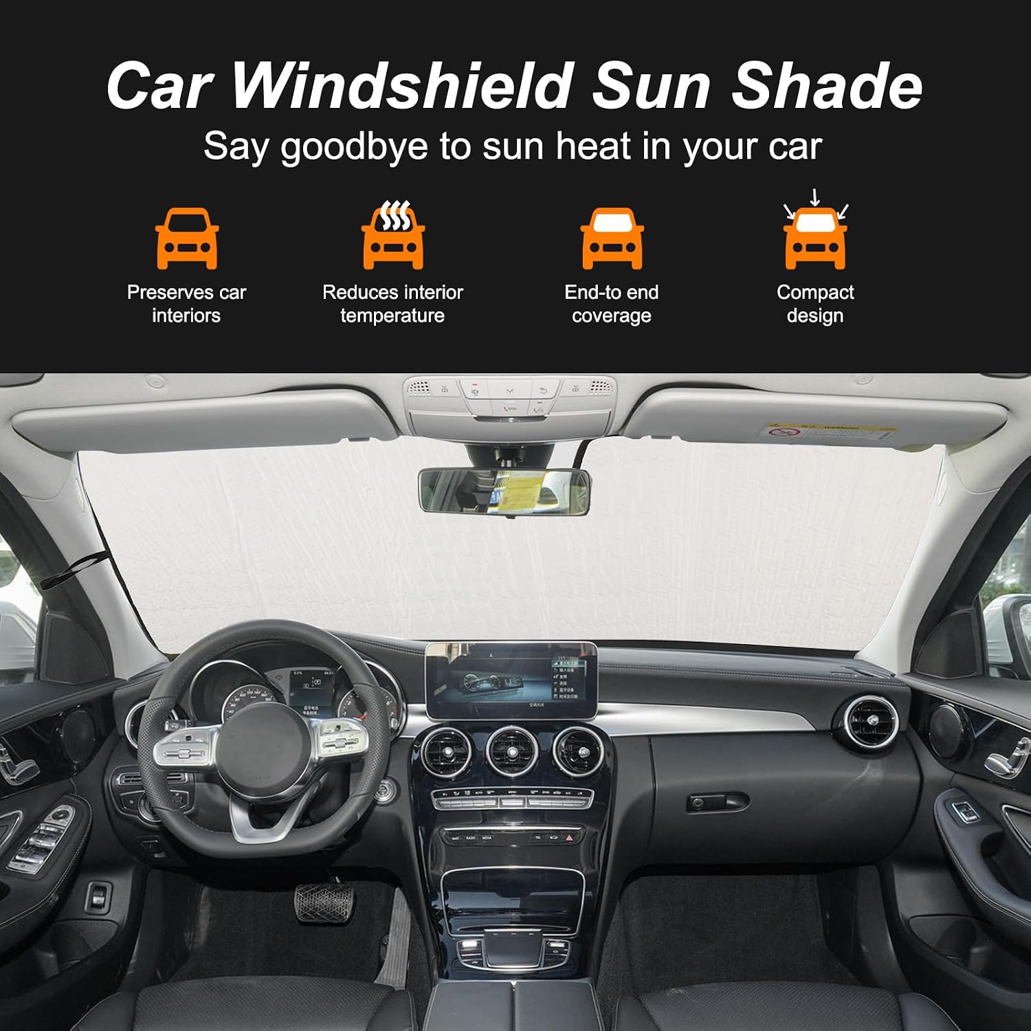 Front Windshield Sun Shade Compatible with Mercedes-Benz C Class 2015-2021 Specialized Car Windshield Sun Shade Foldable Sun Shield UV Protection Auto Accessories