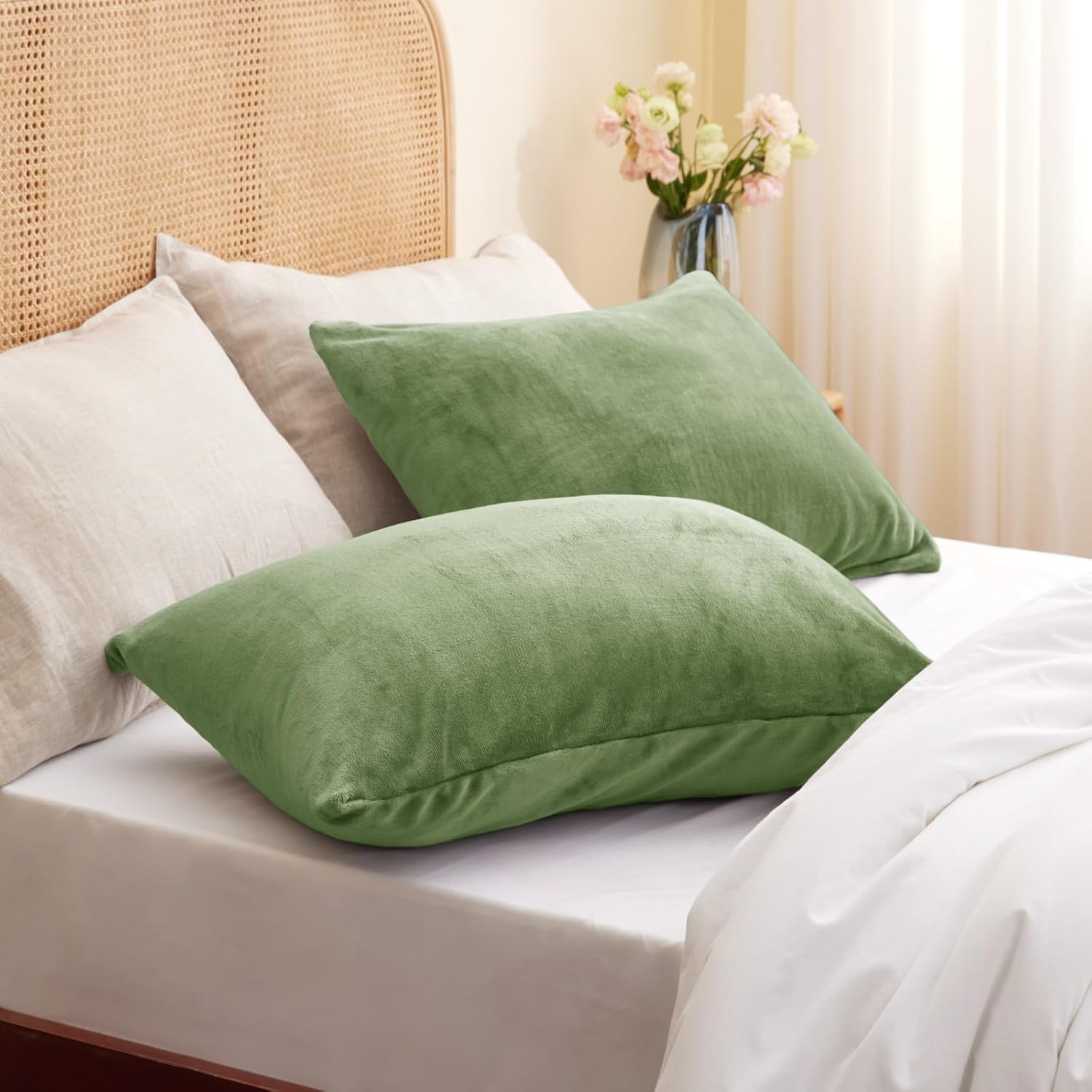 bedelite flannel pillowcases standard set of 2, super soft fleece pillow case cover with zipper for bedroom, sofa, couch,luxury cozy velvet pillow shams for all seasons(20x26 inches, sage green) sage green 26" x 20" (pack of 2)