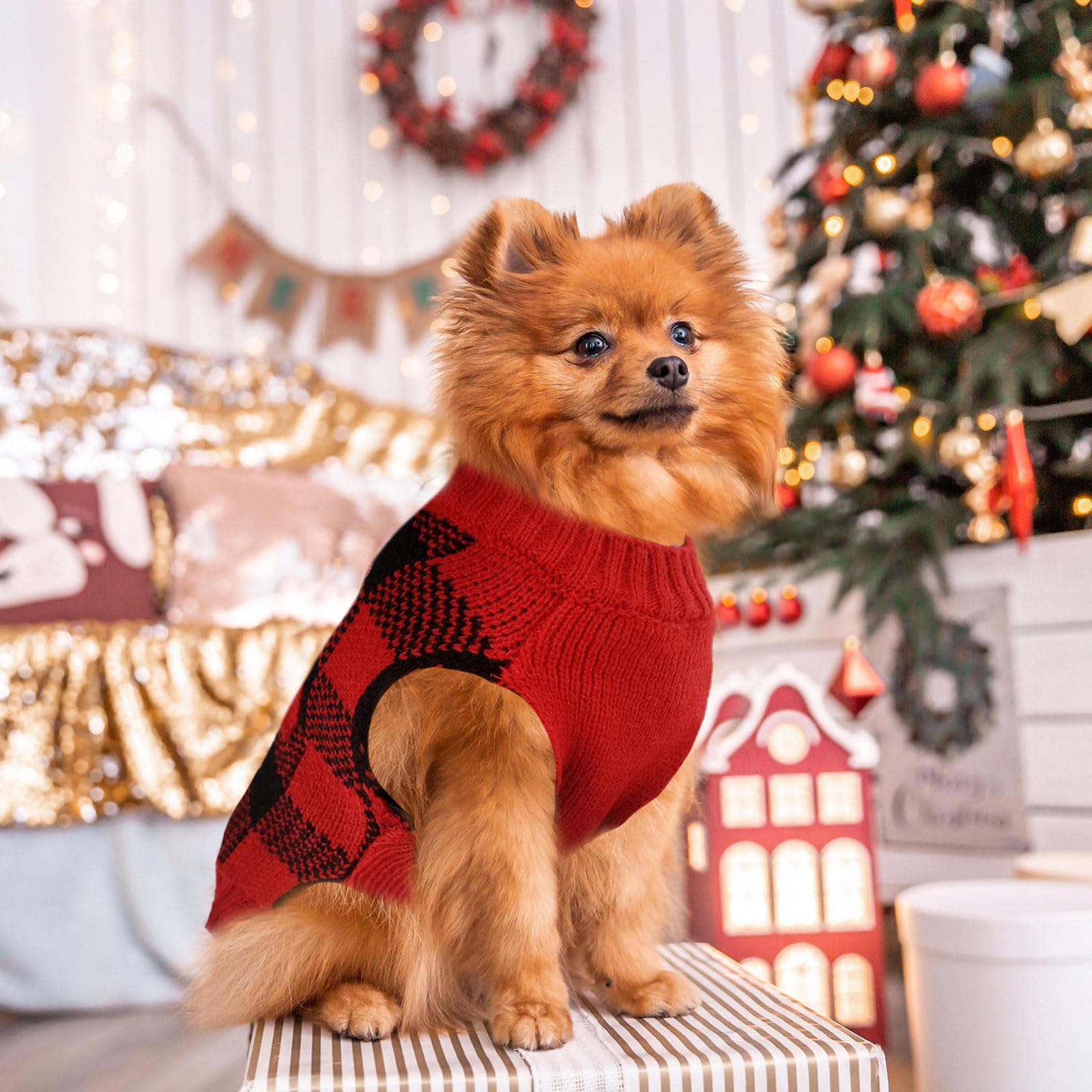 ABRRLO Dog Christams Jumpers XS Small V Neck Puppy Xmas Jumper Cute Snowman Red Doggy Cat Christmas Sweater Knitted Outfits for Small Medium Large Dogs (Grid snowman,S) - Image 4