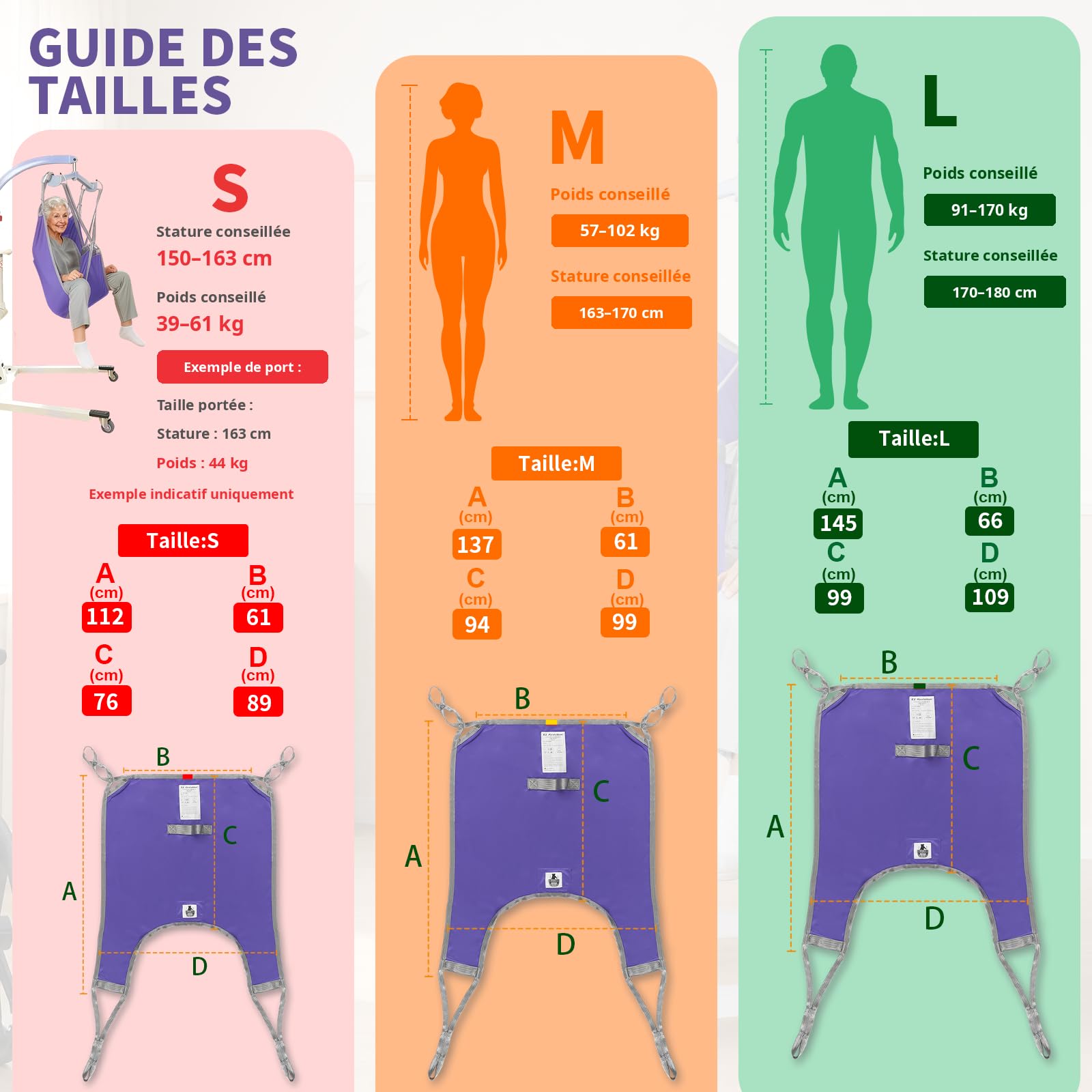 EZ Assistive - Correa de elevación para pacientes con patas separadas con soporte lumbar, correa de transferencia y posicionamiento, capacidad de carga 227 kg (púrpura, pequeña)