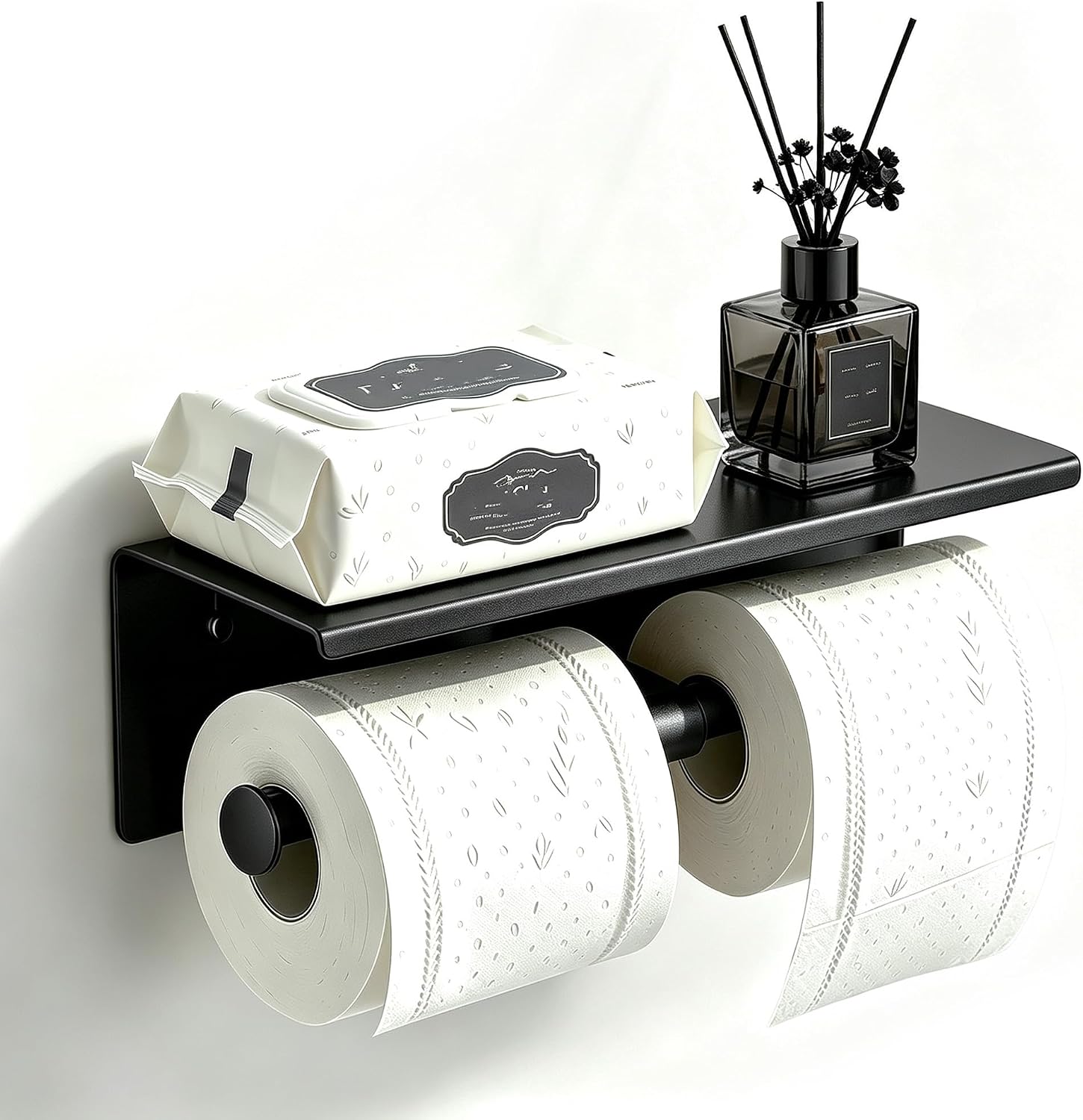 Double Black Toilet Paper Holder with Shelf Storage | Paper Roll Holder Wall Mount, Stainless Steel Toilet Tissue Dispenser for Bathroom, Hotel & Farmhouse Decor Accessories