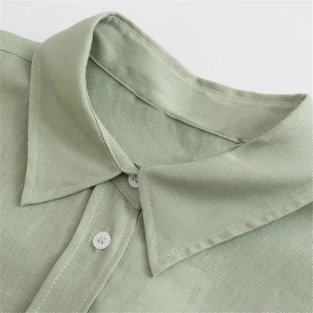Chemise en lin avec poche pour femme - Couleur unie - Manches longues - Confort - Maison d'été