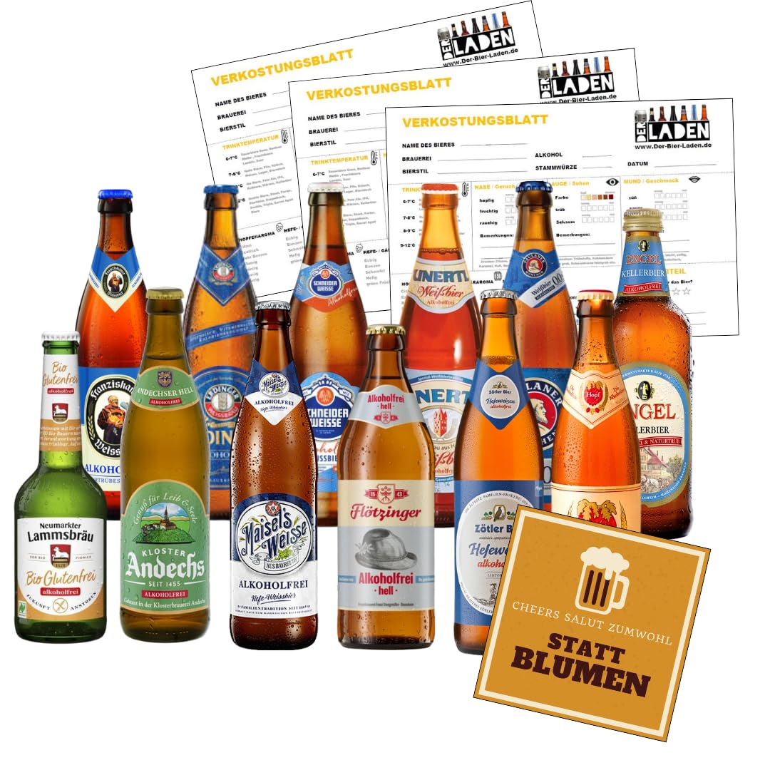BIERPAKET ALKOHOLFREI 12 x 0,5L bayerische Biere Pils Helles Weizen Kellerbier inkl. 0,96€ Pfand Biergeschenk für Männer Fussball Vatertag Himmelfahrt Mitbringsel Grillen