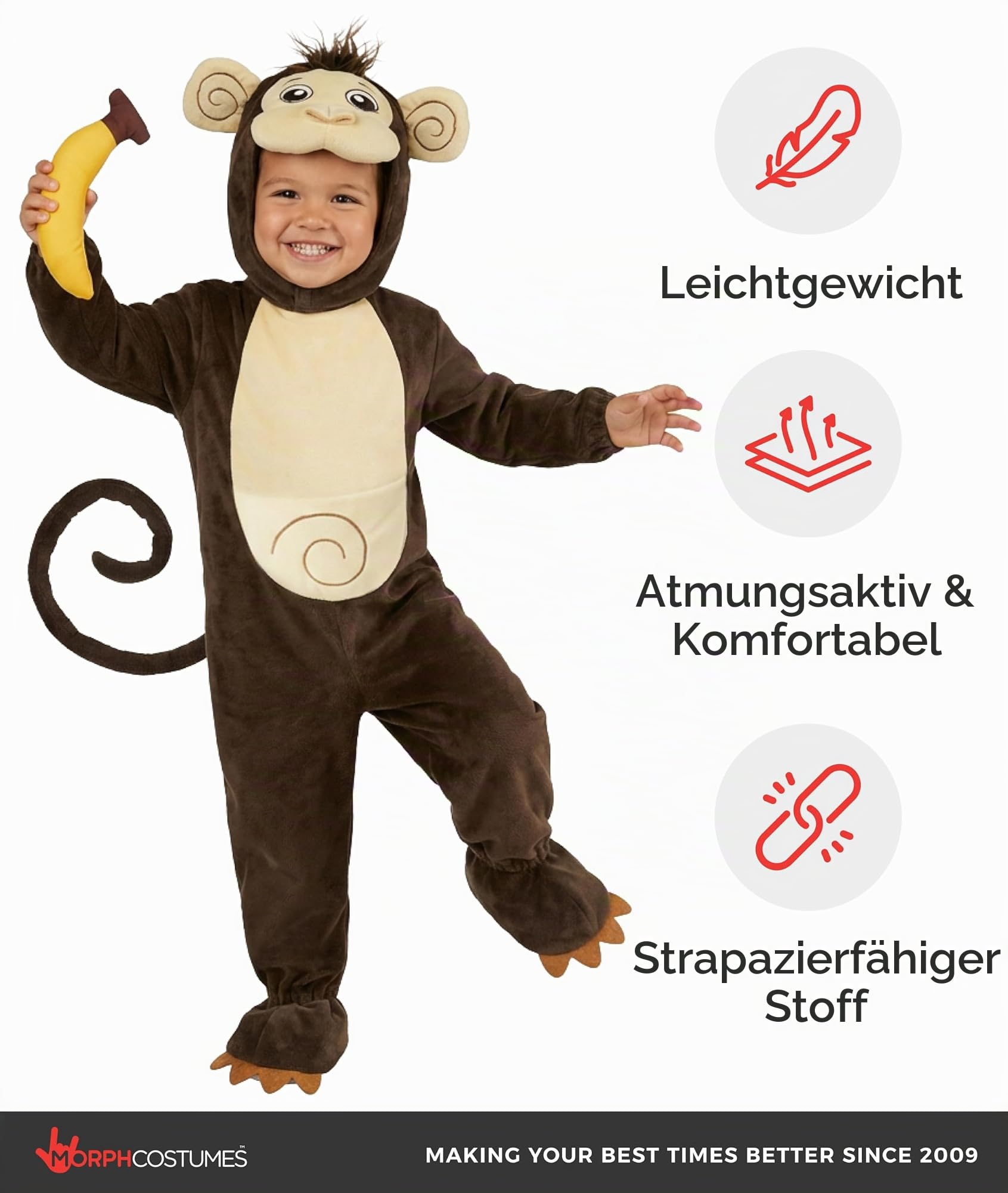 Morph Affen Kostüm Kinder, Tierisches Halloween Kostüm Kinder | Plüsch-Body, Kapuze, Schwanz & Plüsch-Banane, Braun, Zum Überziehen, Perfekt für Halloween, Ideal für Rollenspiele