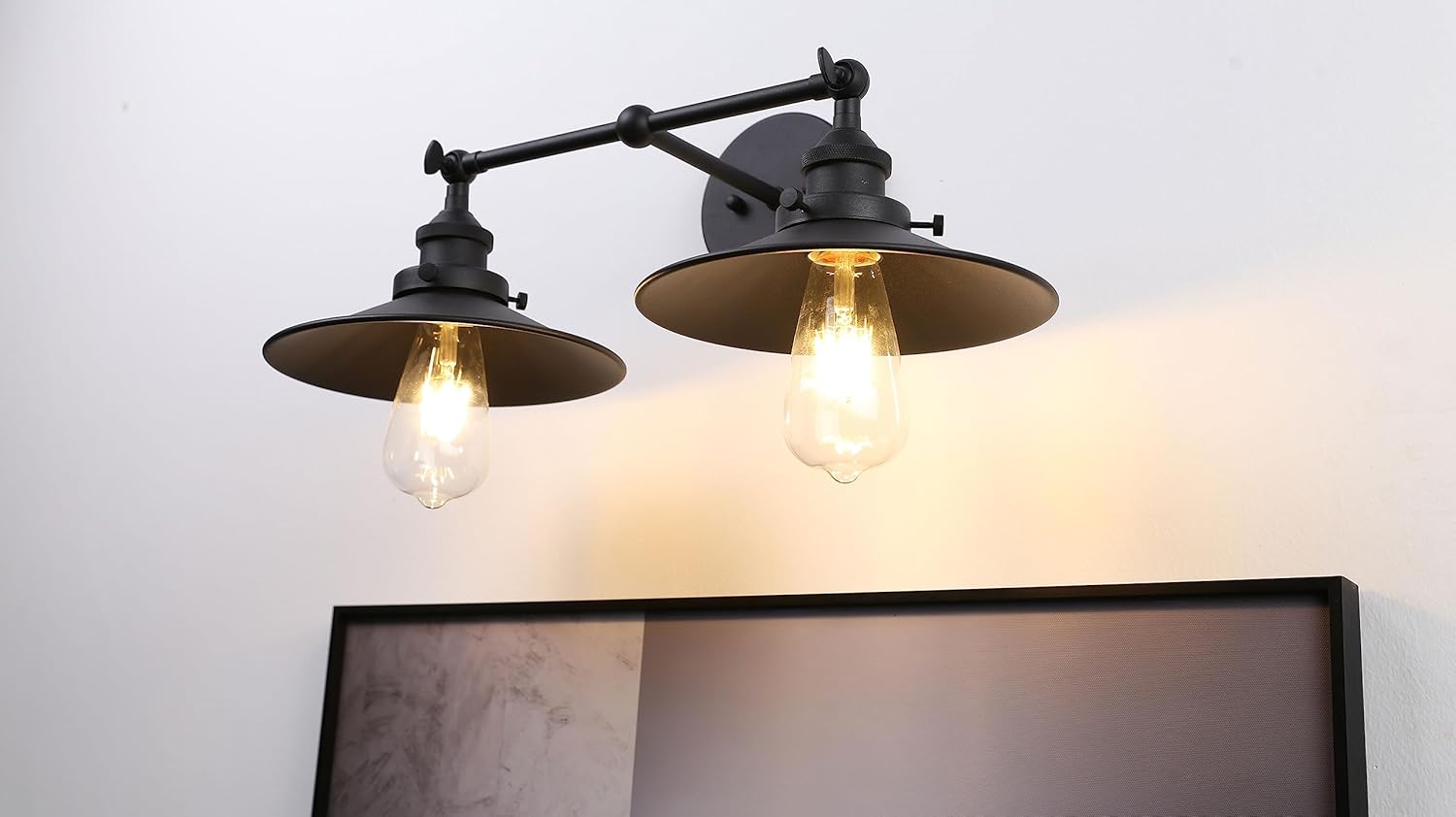 Phansthy Vintage Industrial Farmhouse Wall Sconces, Matte Black 2-Light Kitchen Wall Lighting, Bathroom Vanity Light Fixtures with 8.5 Inches Cone Metal Lampshade (2 Light Black)