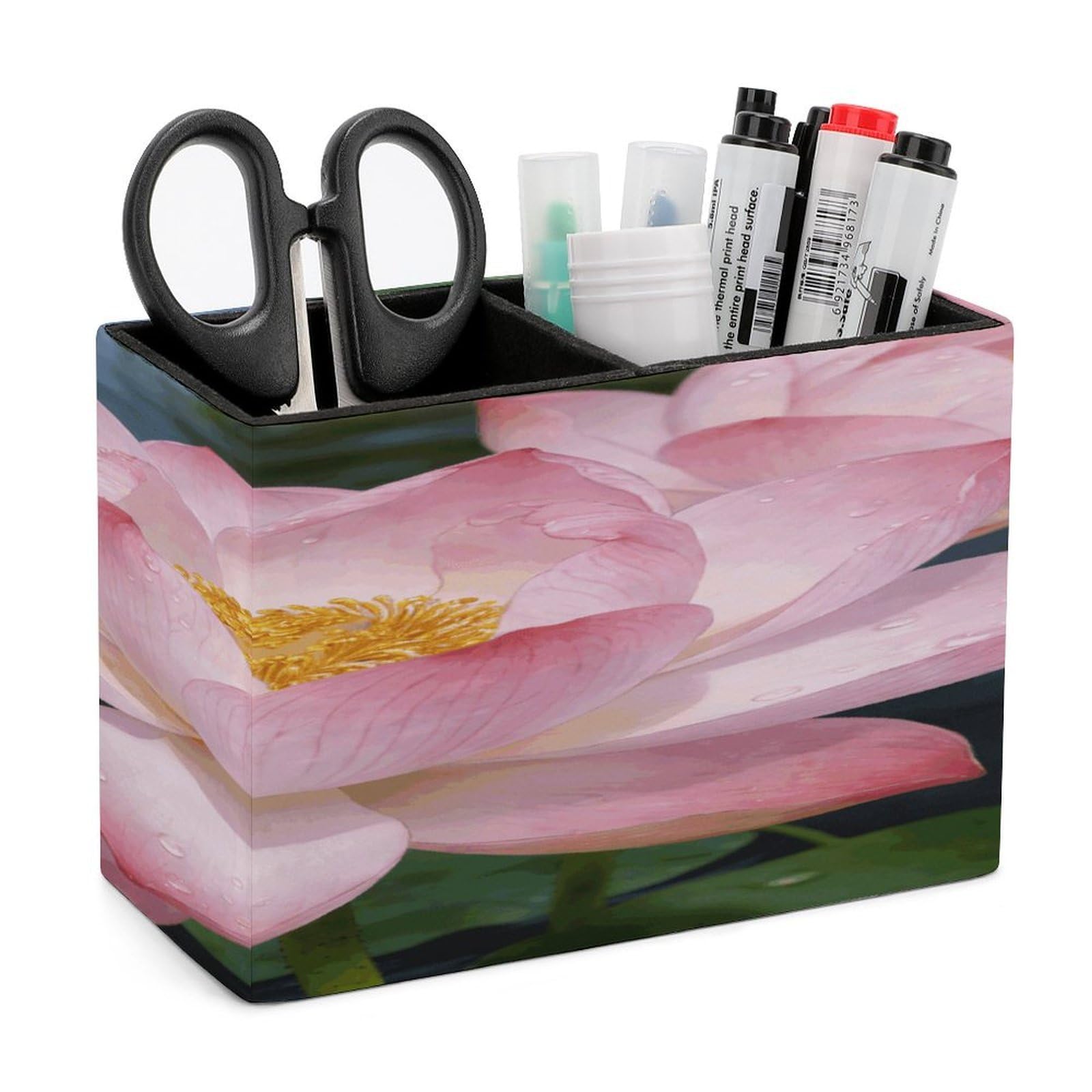 LZQPOEAS Clear Lotus with Dew Pen Holder Double Compartments Pen Cup Makeup Brush Holders Leather Pencil Holder Locker Organizer for Work Locker Accessories Modern Pencil Cup for Desk