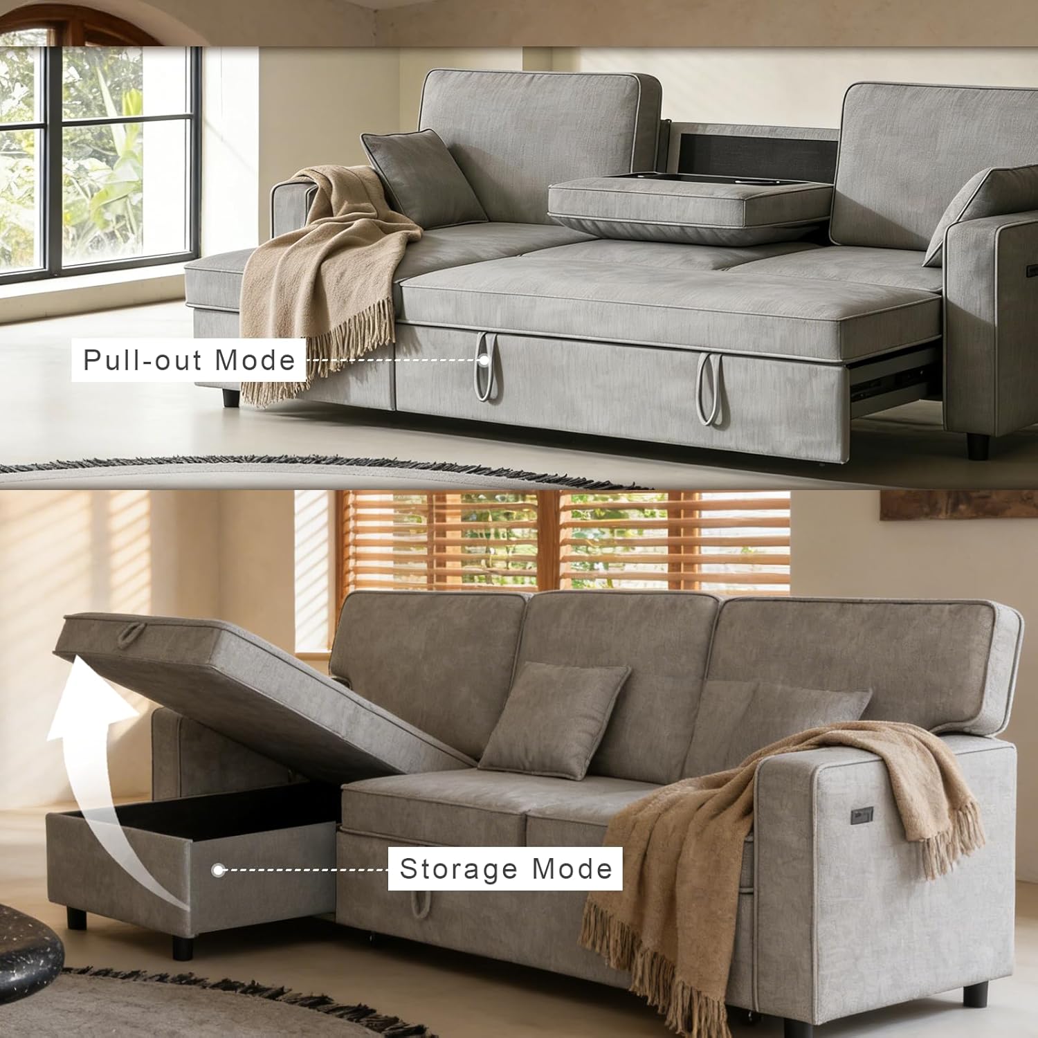Dreamzie 89'' L Shaped Sectional Sleeper Sofa with Flip-Down Center Console & Charging Ports, Chenille 3 Seater Pull Out Couch for Living Room, Convertible Sofa Bed Couch for Apartment, Office - Grey | Cup Holders