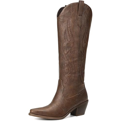 Pasuot Western Cowboy Boots for Women - Knee High Wide Calf Cowgirl Boots, Slip On Pointed Toe Chunky Heel Fashion Retro Classic Pull On Tall Boot for ladies Party concert