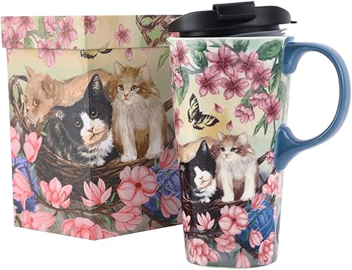 TZSSP Taza de viaje de cerámica de café, taza de té con leche de porcelana con tapa, 17 onzas, tazas de café novedosas para oficina y hogar, flores